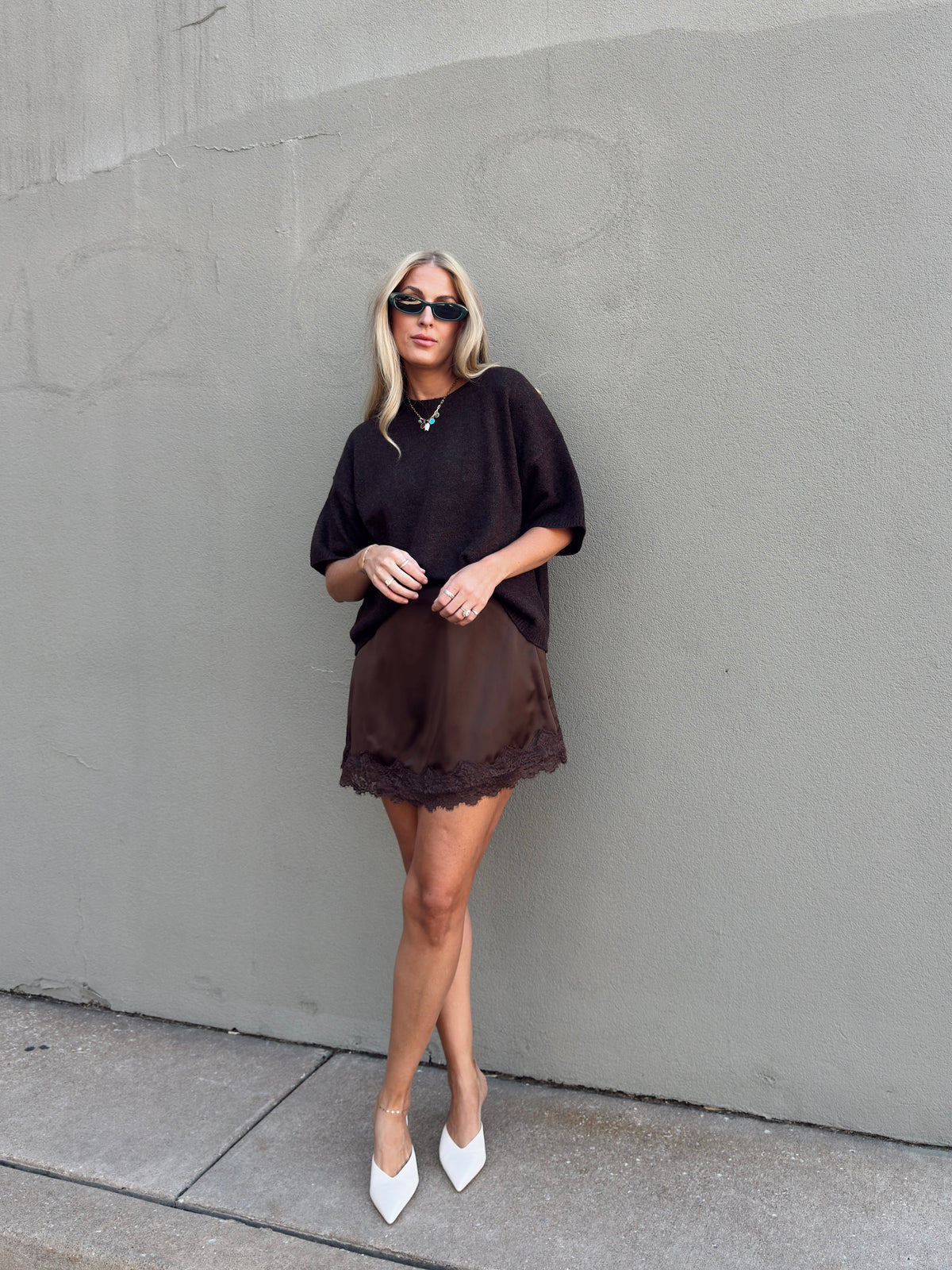 Pre-Order Sabrina Lace Trim Mini Skort - Espresso (restock eta 11/15)