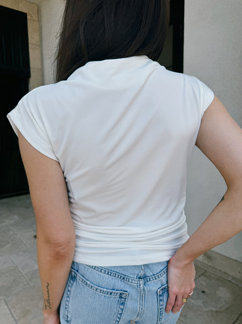 Mock Neck Short Sleeve Ruched Crop Top - White