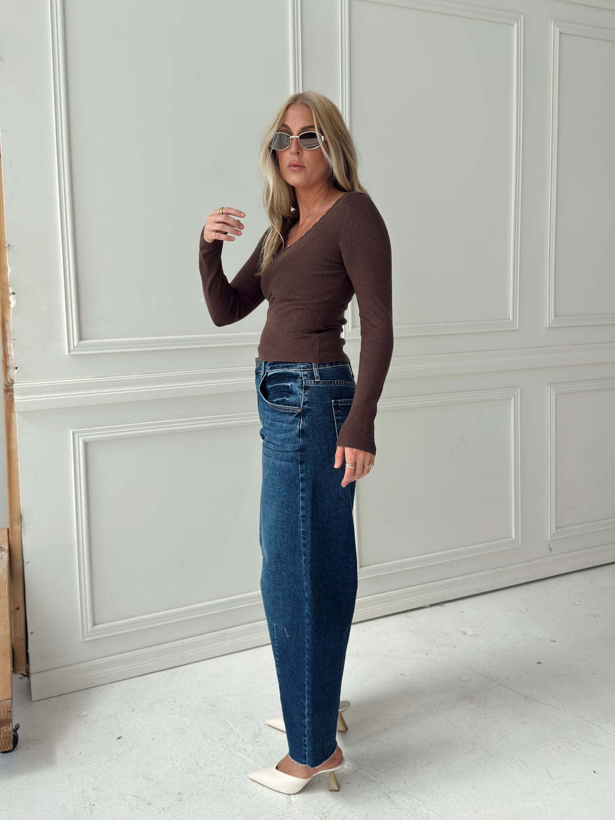 Presley Pointelle Rib Knit Sweater - Brown