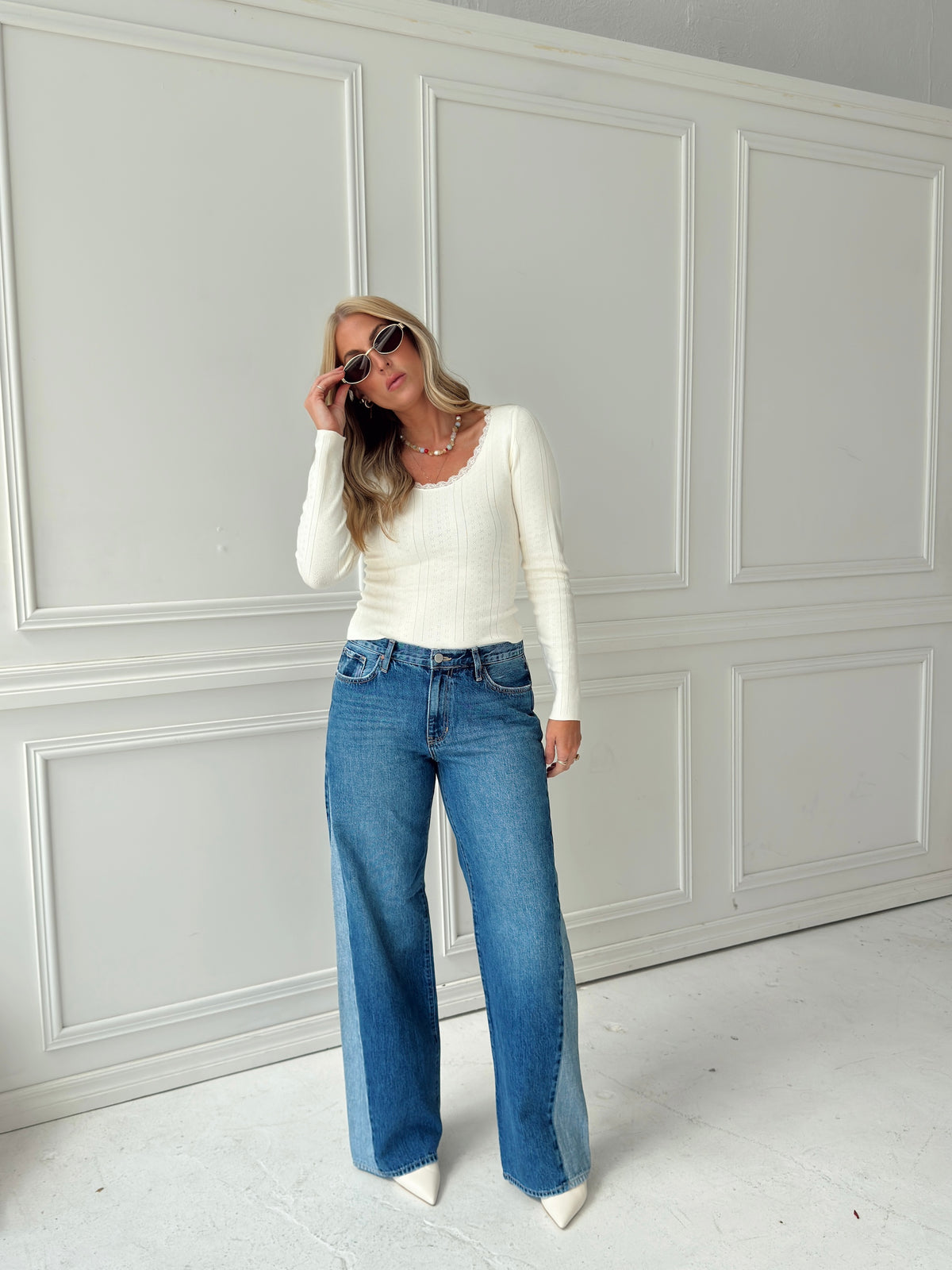 Presley Pointelle Rib Knit Sweater - Ivory