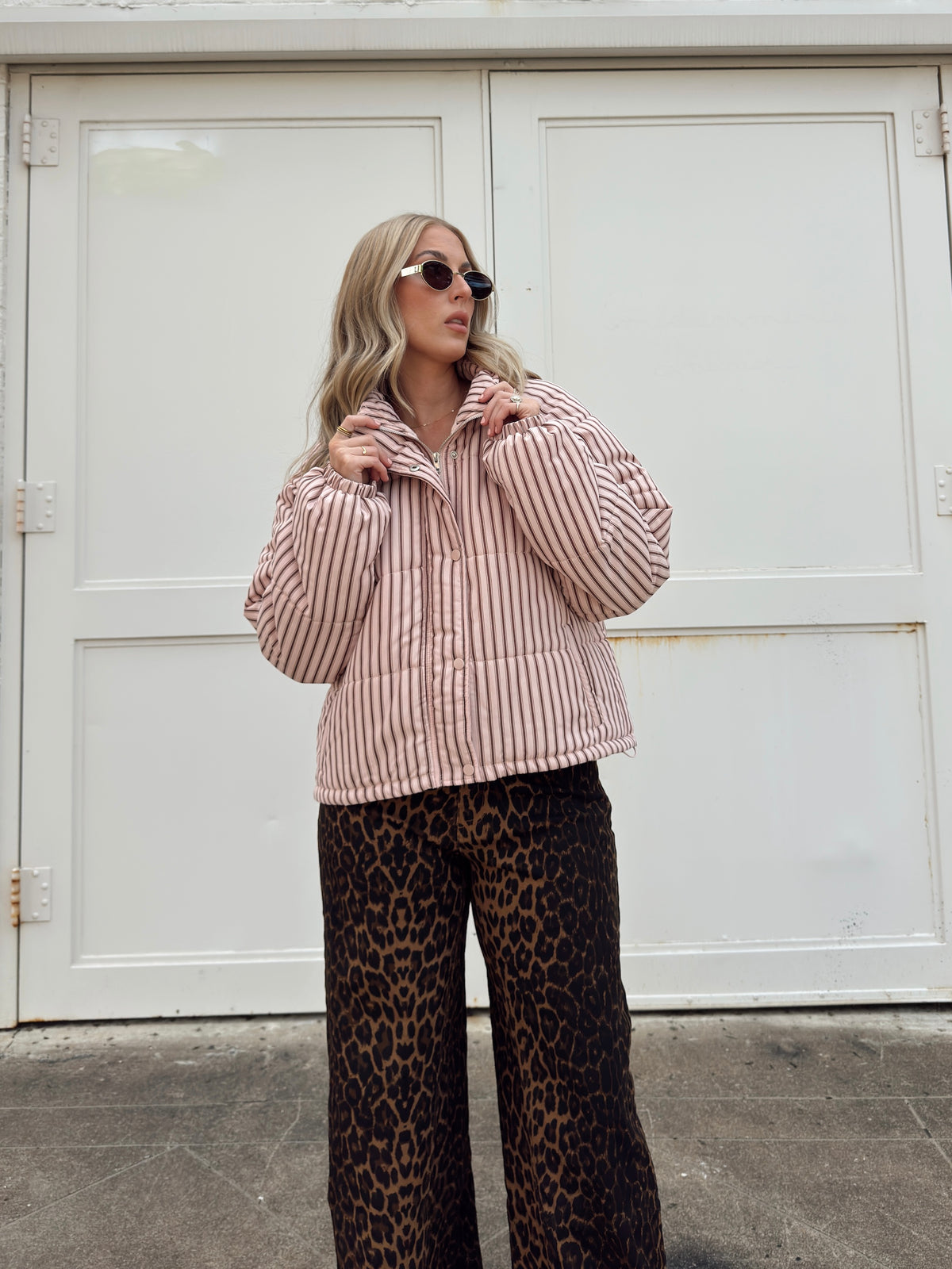 Brown and Blush Striped Puffer Jacket