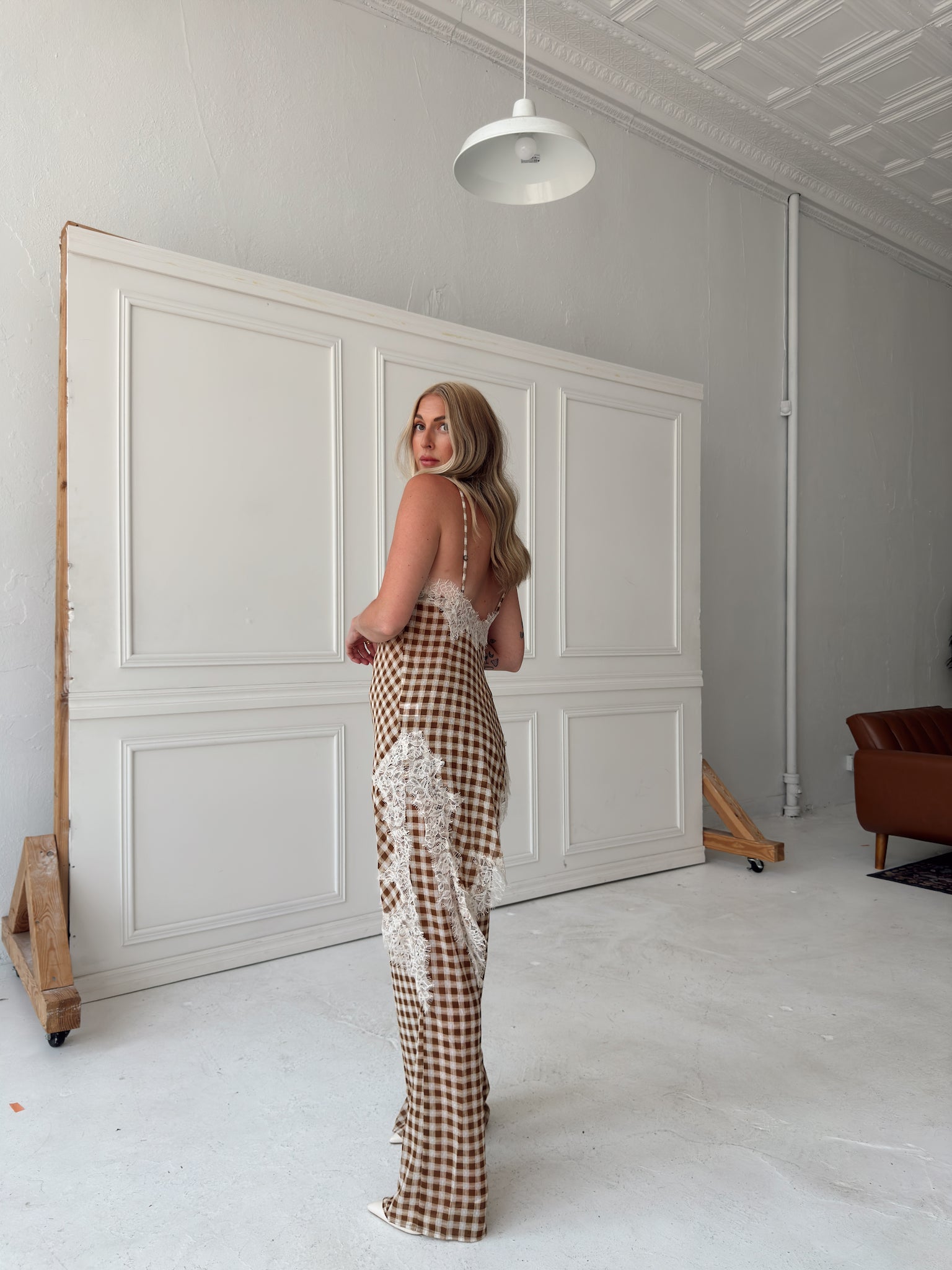Georgia Gingham Lace Trim Set - Camel