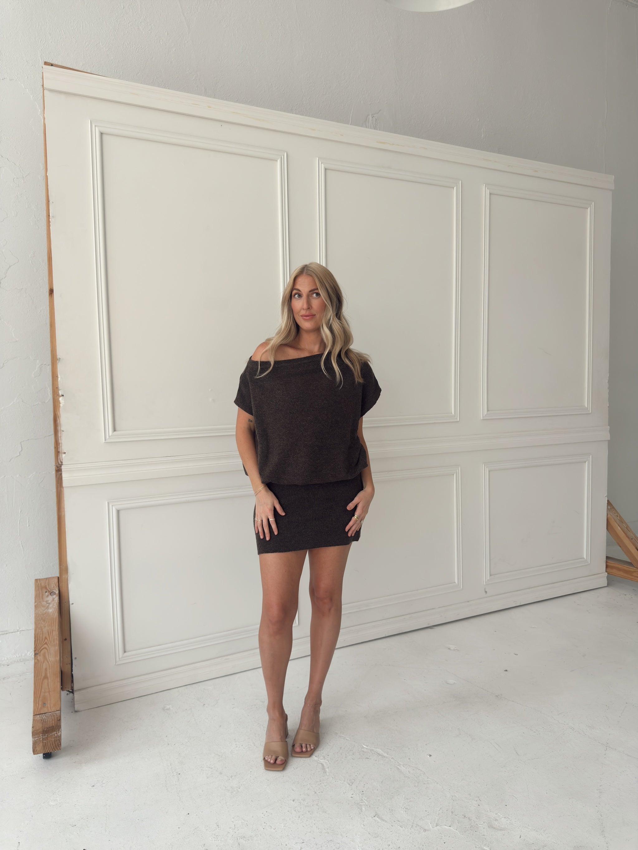 Lauren Off Shoulder Drop Waist Sweater Dress - Brown
