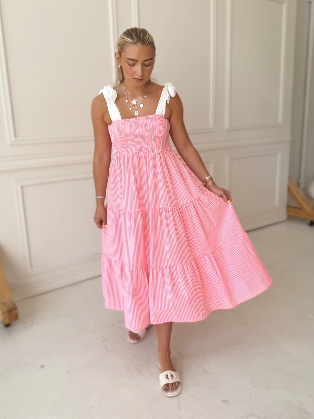 Meet Me in Santorini Coral Stripe Midi Dress