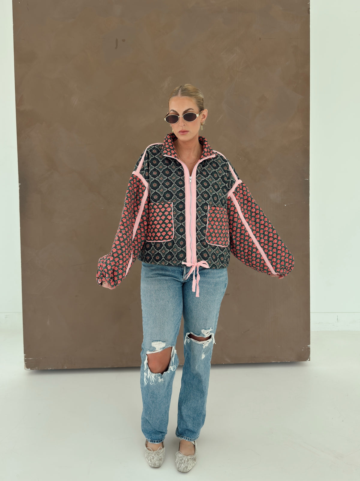 Quinn Quilted Bomber Jacket in Rose Garden