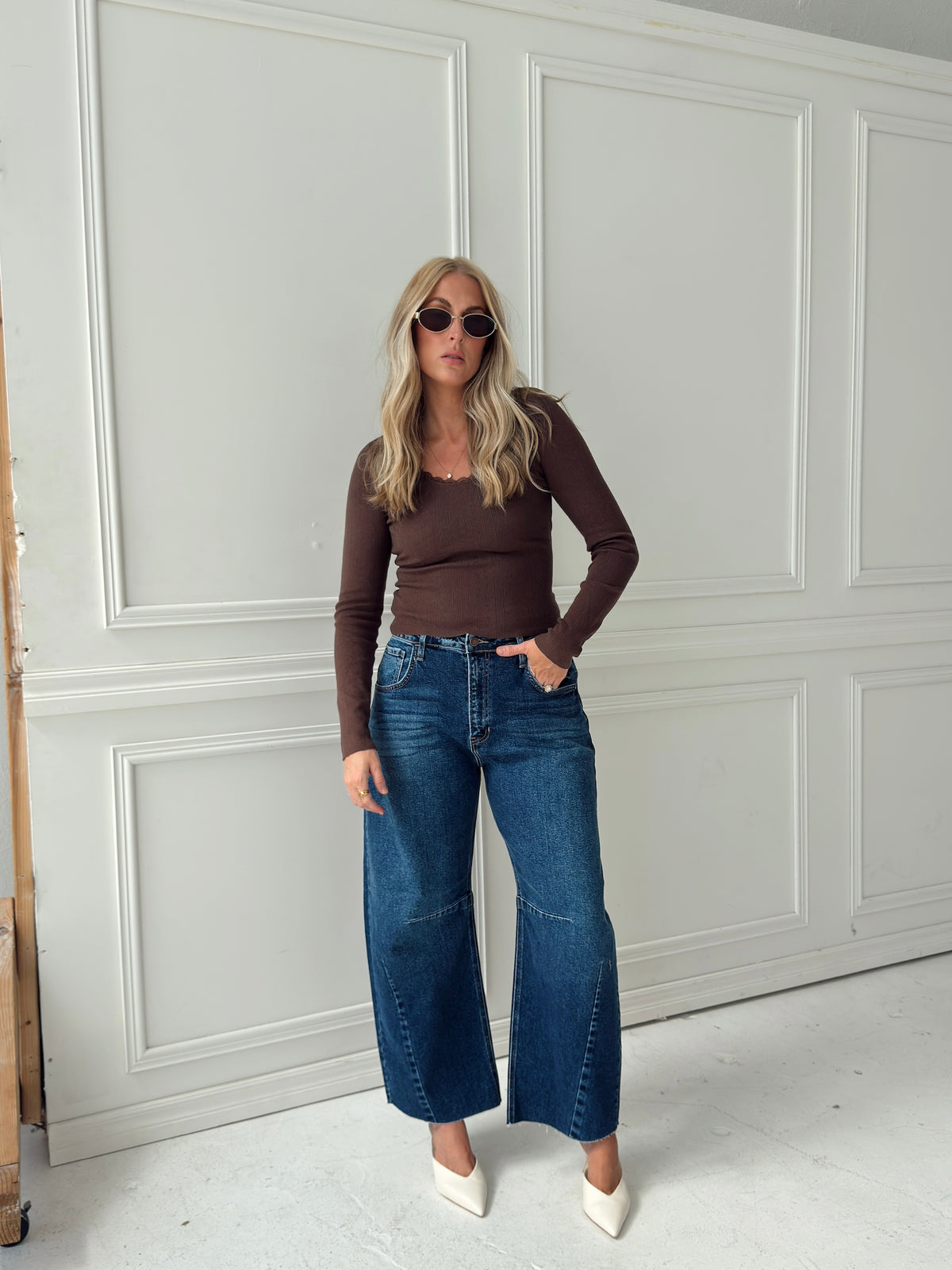 Presley Pointelle Rib Knit Sweater - Brown