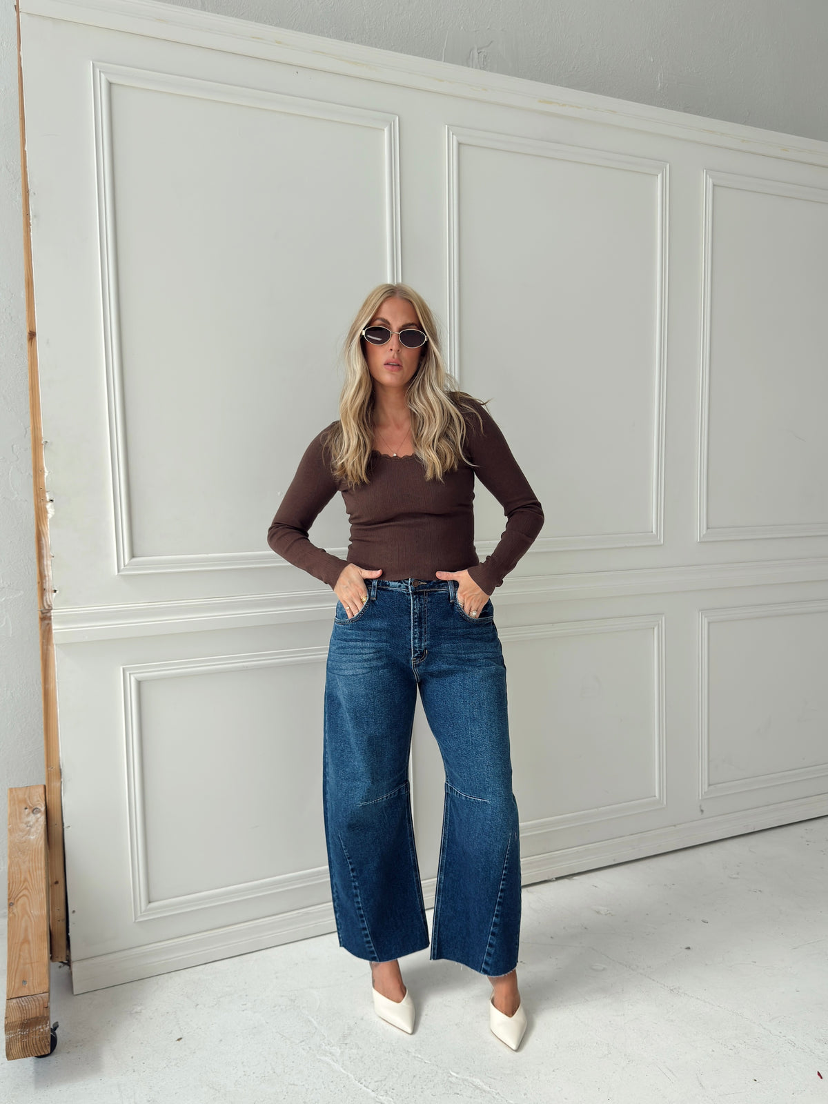 Presley Pointelle Rib Knit Sweater - Brown