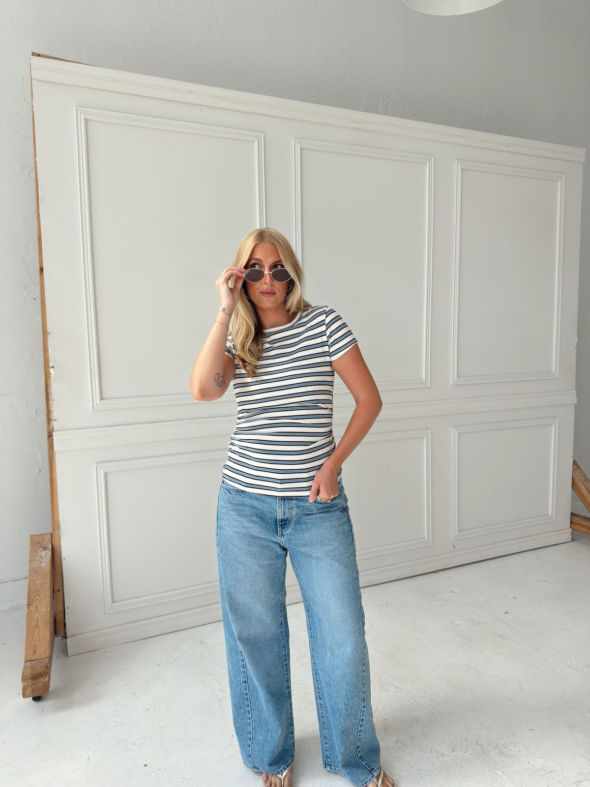 Sophia Stripe Ruched Short Sleeve Top