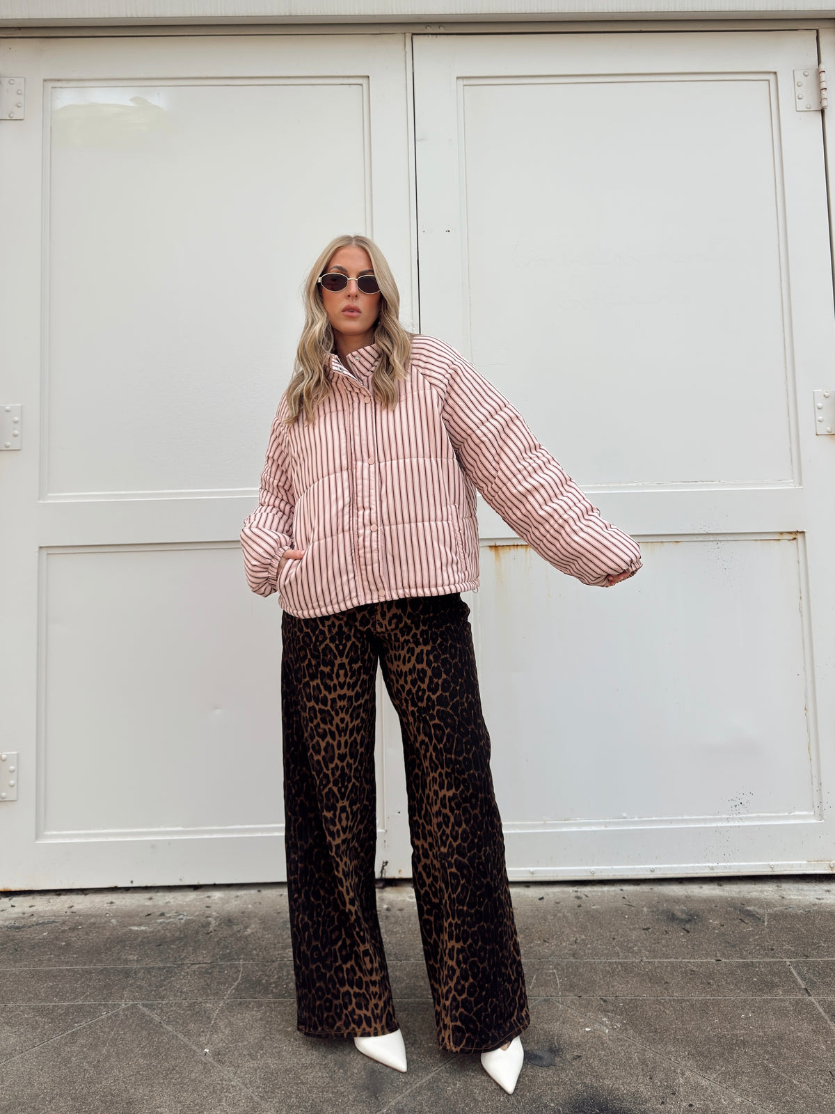 Brown and Blush Striped Puffer Jacket