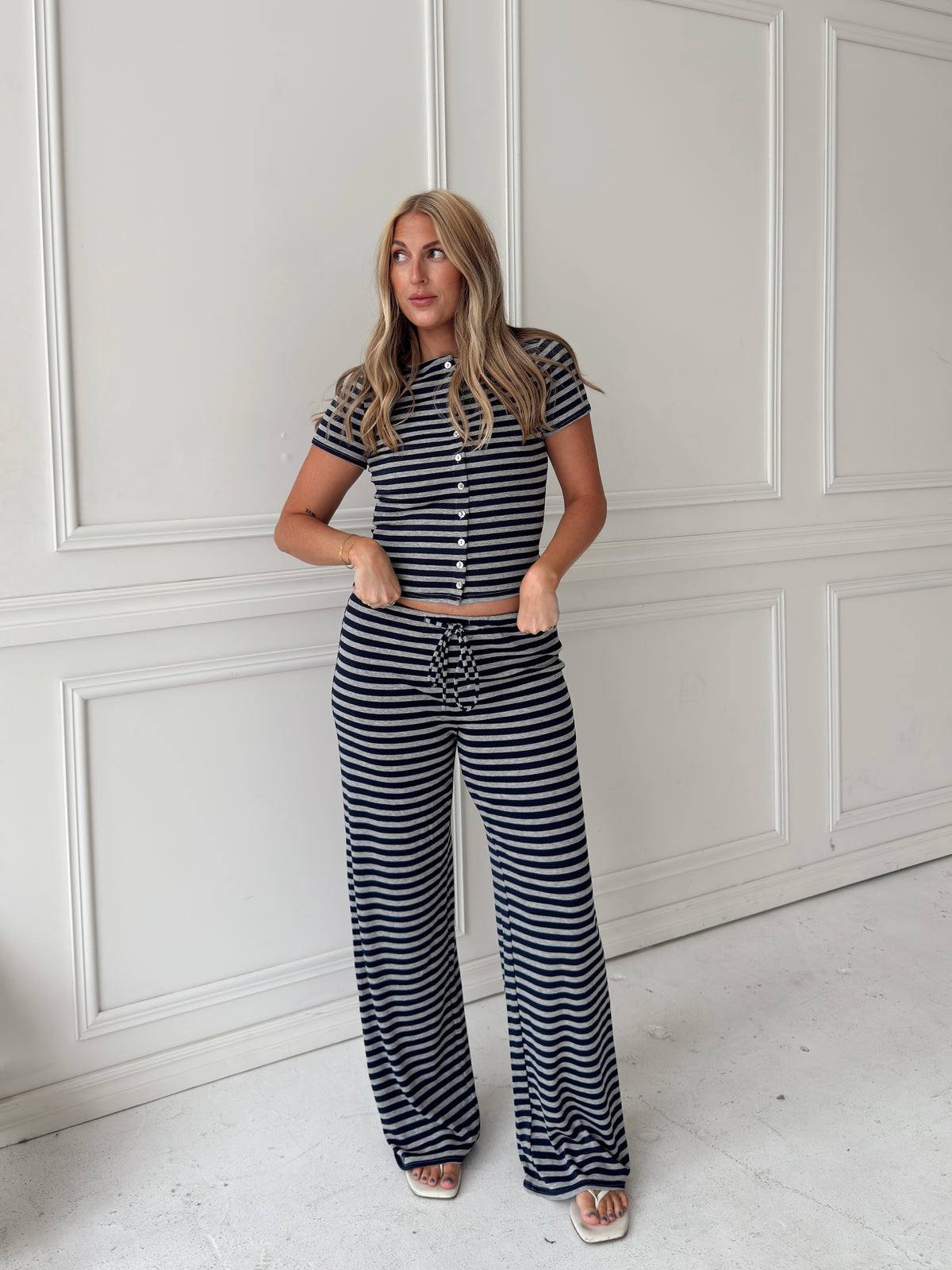 Brady Striped Button Up Top - Navy/Grey
