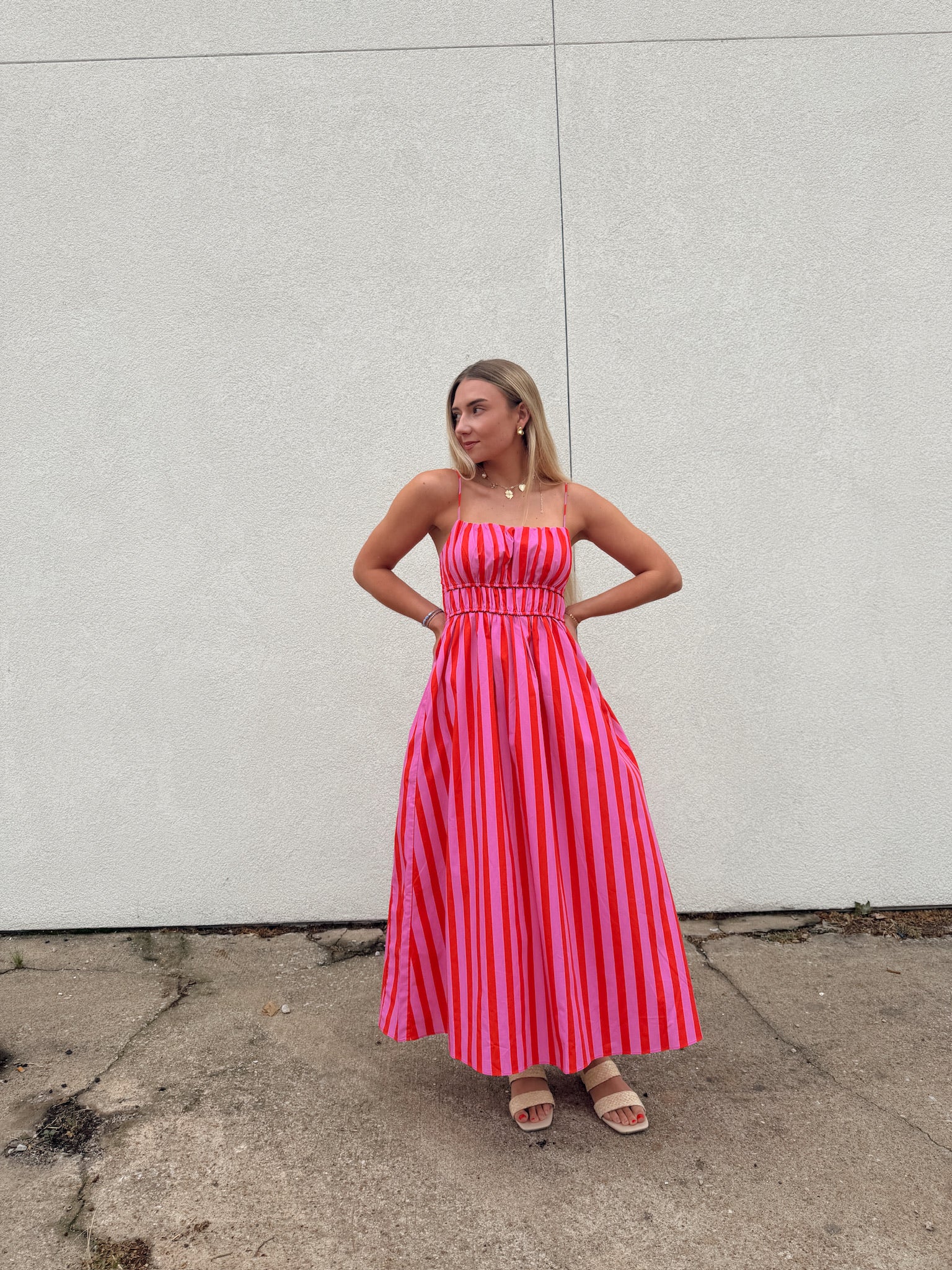 English Factory Striped Smocked Waist Midi Dress - Pink/Red