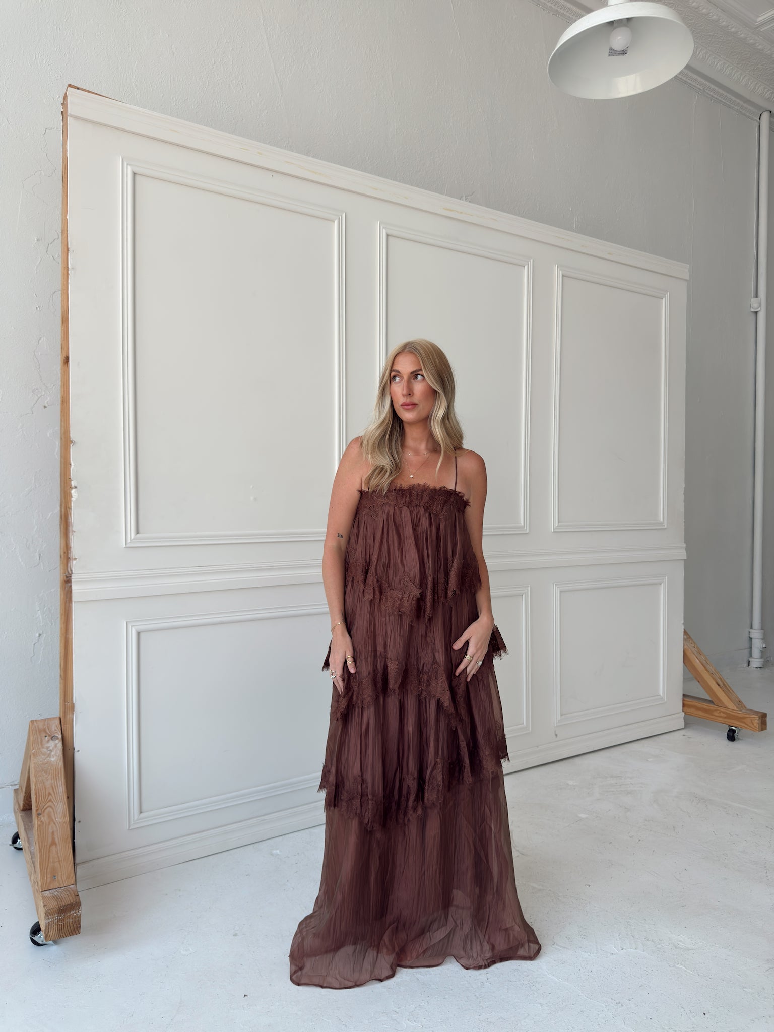 Beulah Style Tiered Lace Trim Maxi Slip Dress