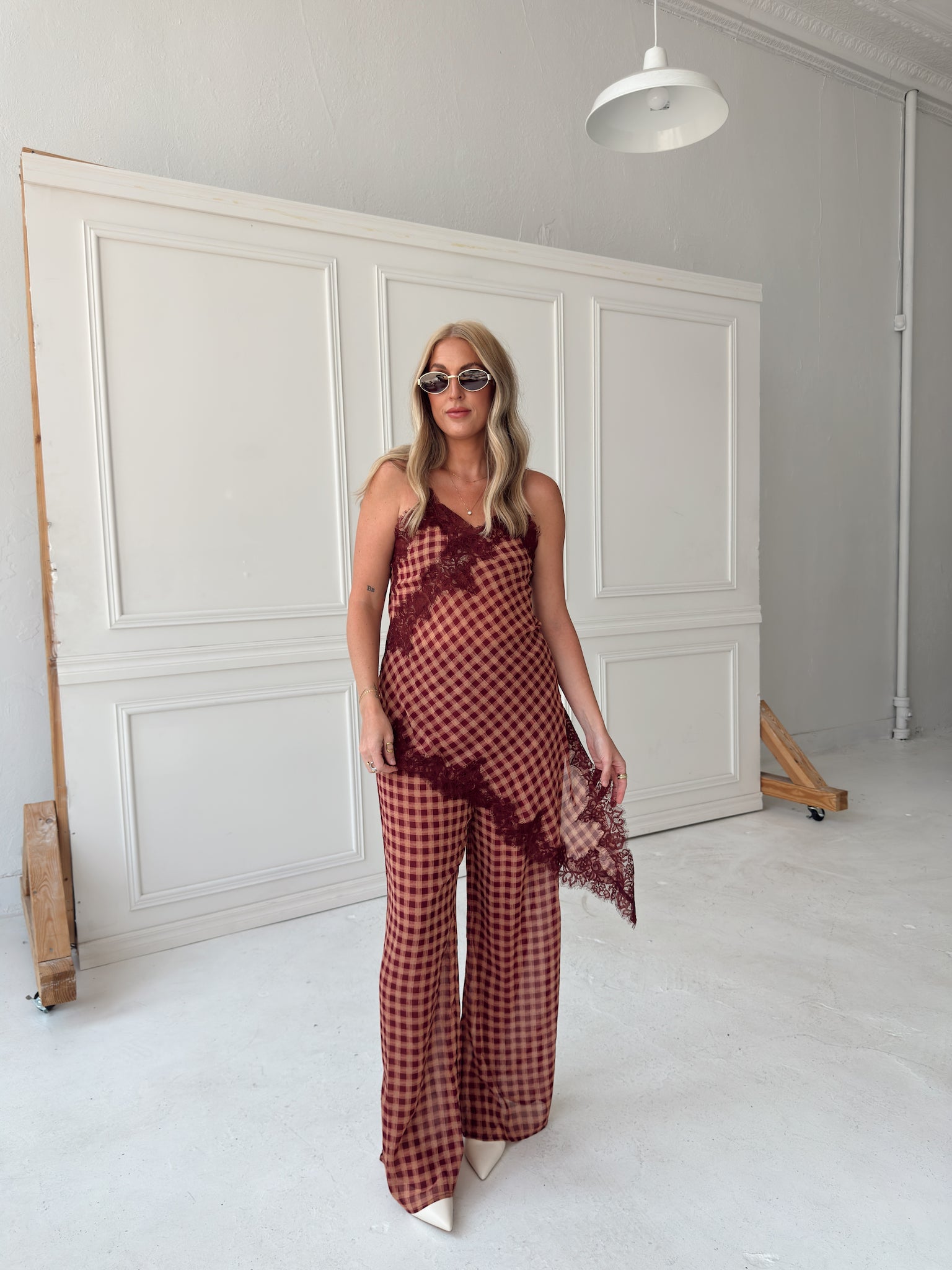 Georgia Gingham Lace Trim Set - Maroon