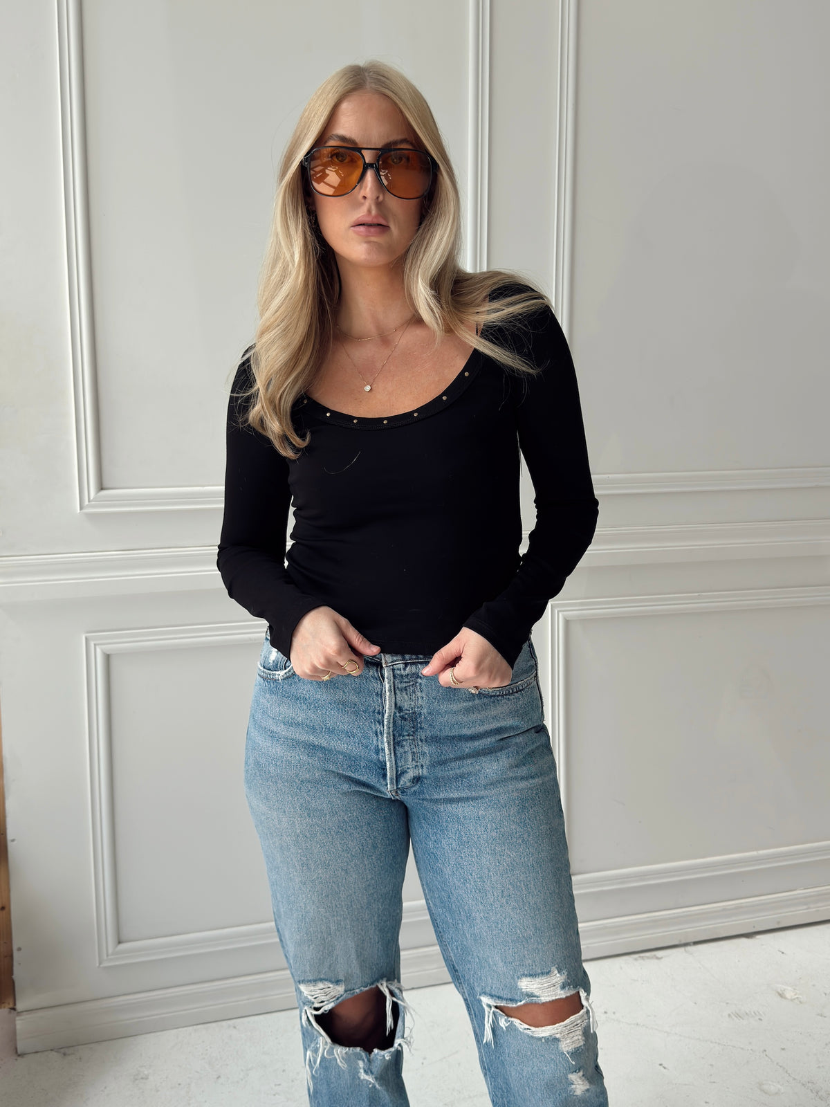 Amelia Studded Long Sleeve Top - Black