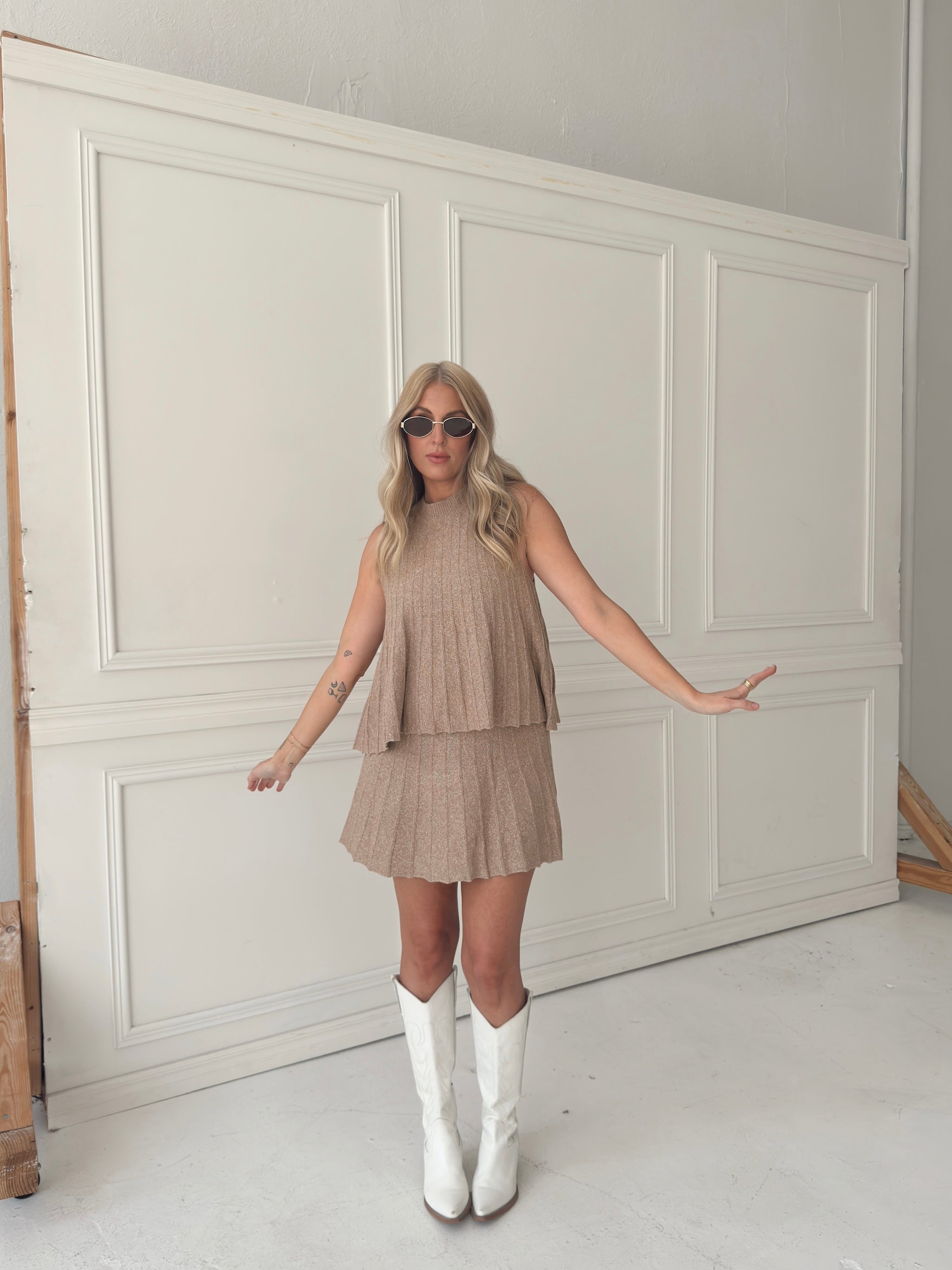 Rylan Ribbed Sweater A-line Mini Skirt With Flared Hem - Mocha