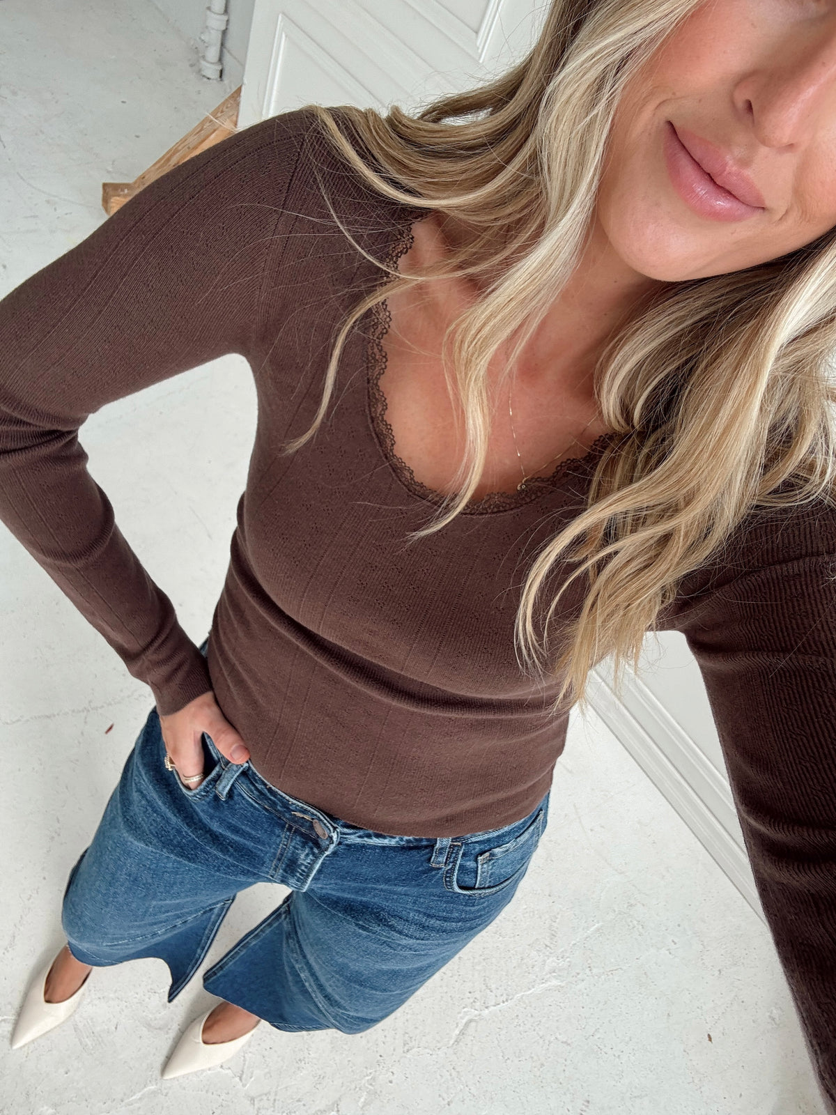 Presley Pointelle Rib Knit Sweater - Brown