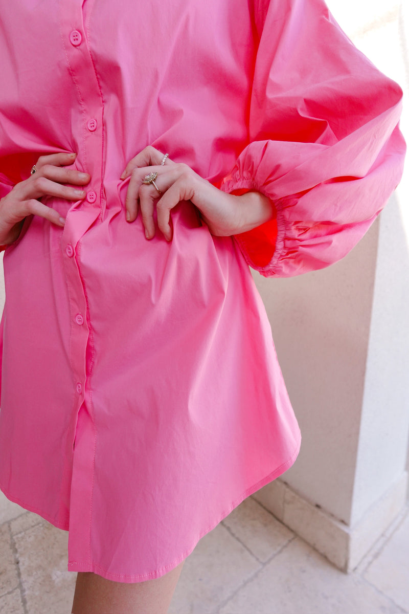 Bishop Sleeve Button Up Dress - Pink