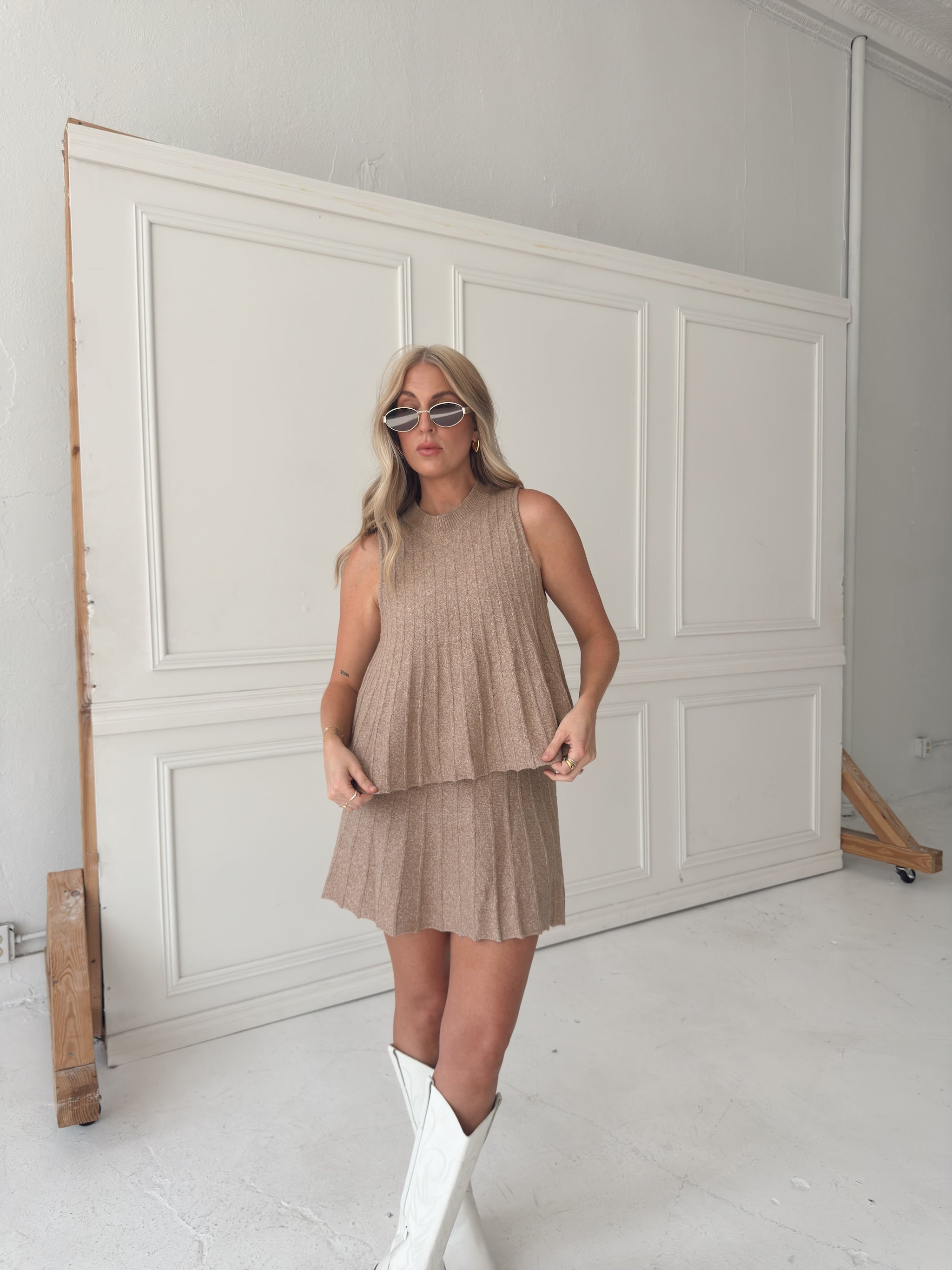 Rylan Ribbed Sweater A-line Mini Skirt With Flared Hem - Mocha