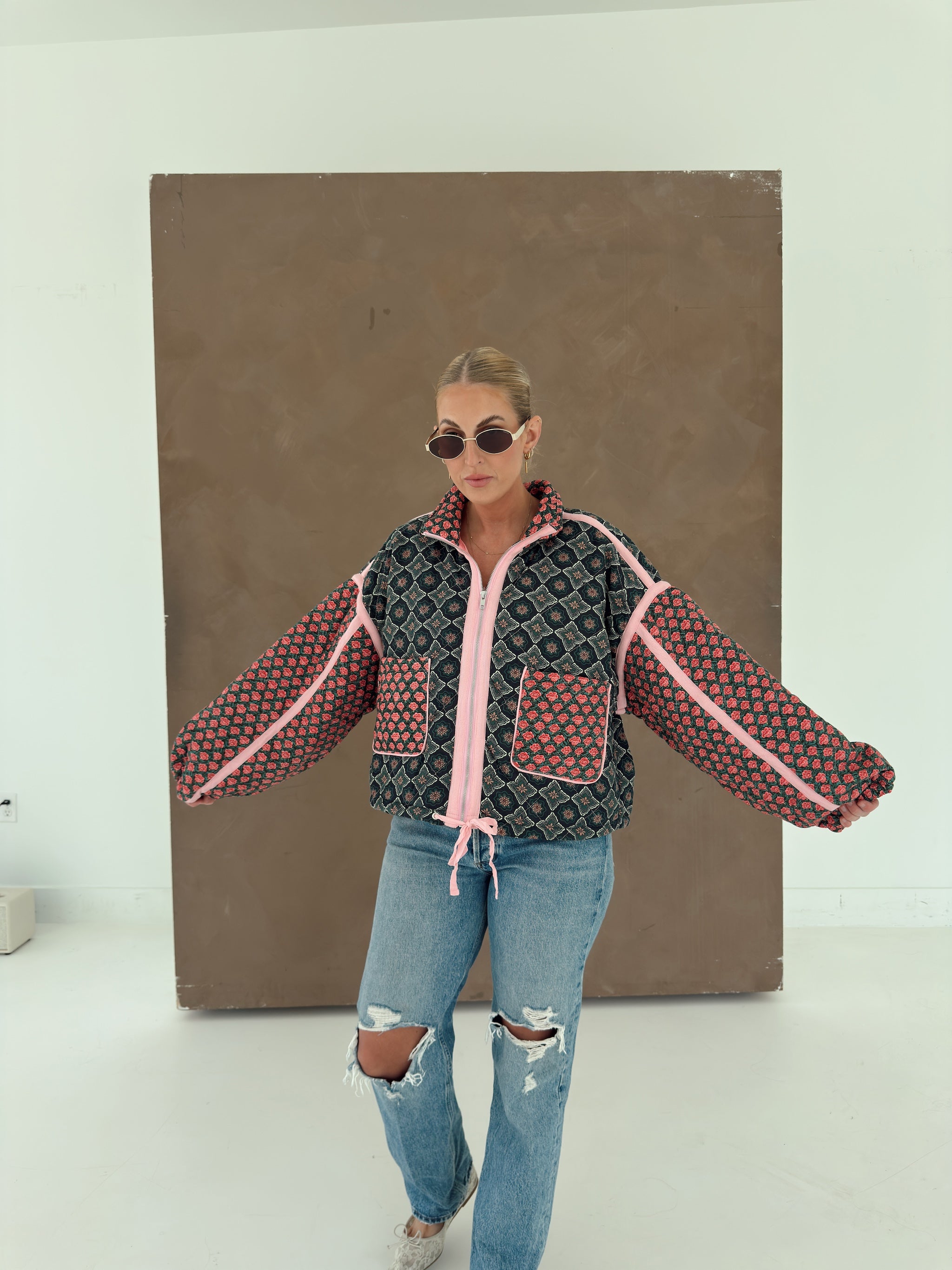 Quinn Quilted Bomber Jacket in Rose Garden