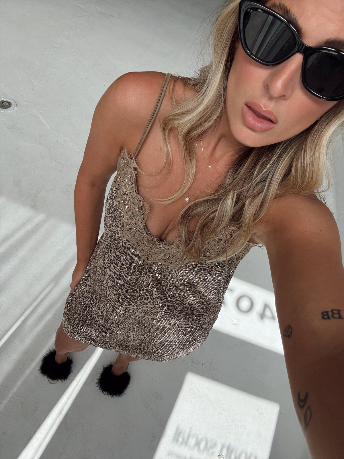Sally Leopard Sequin Lace Trim Mini Dress