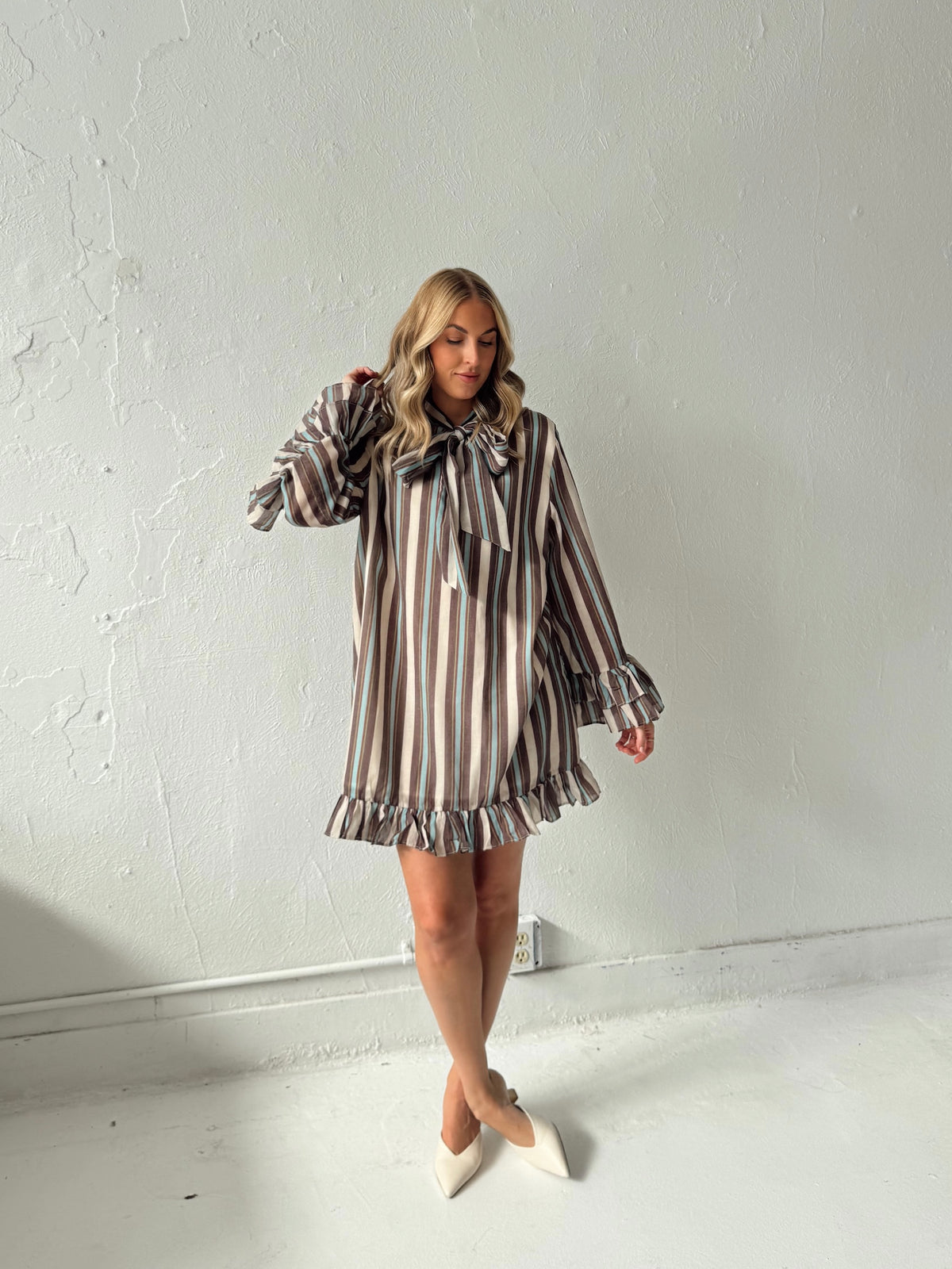 Junie Stripe Ruffle Hem Mini Dress