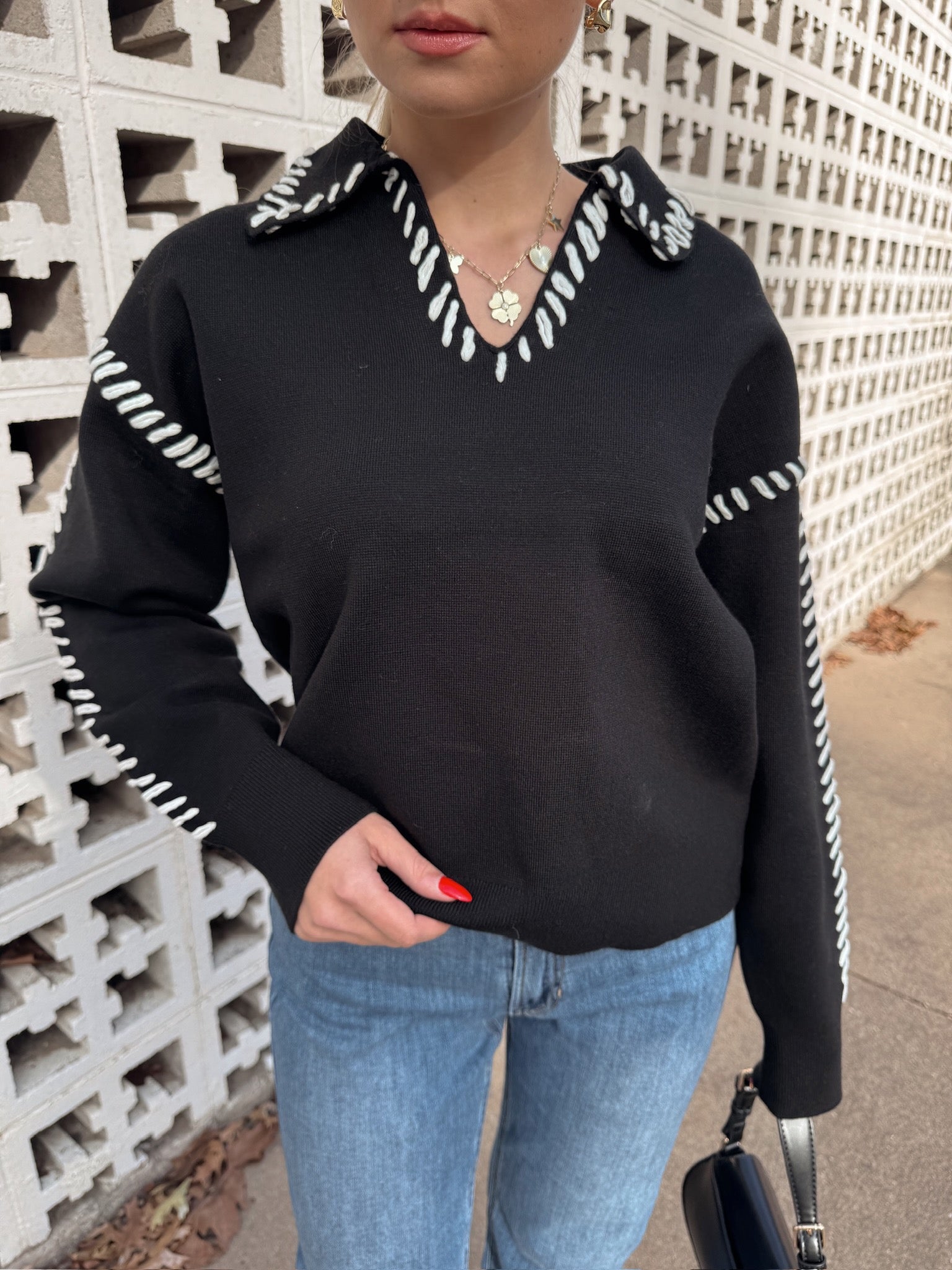 English Factory Stitch Detail Knit Collar Top