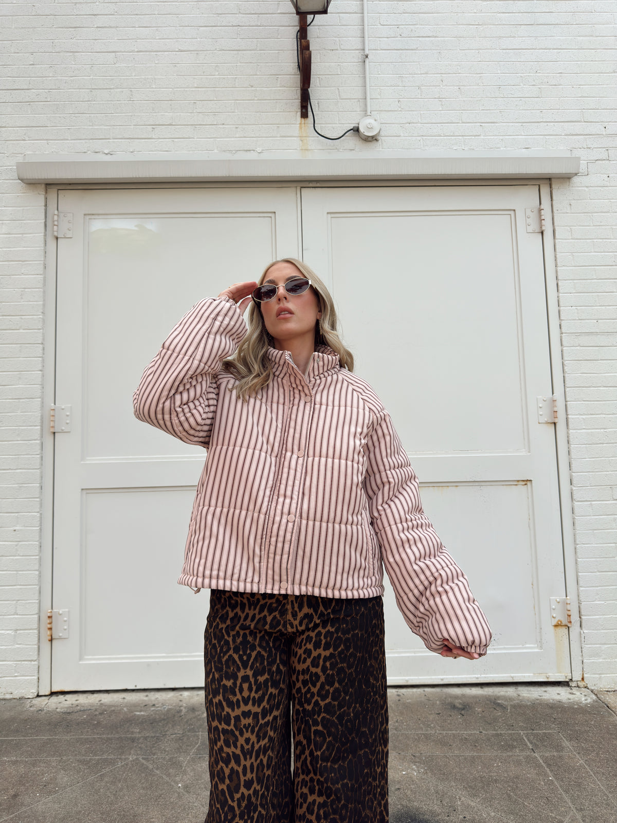 Brown and Blush Striped Puffer Jacket
