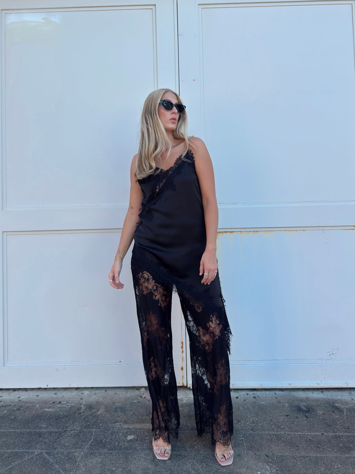 Maia Satin Lace Trim Set - Black