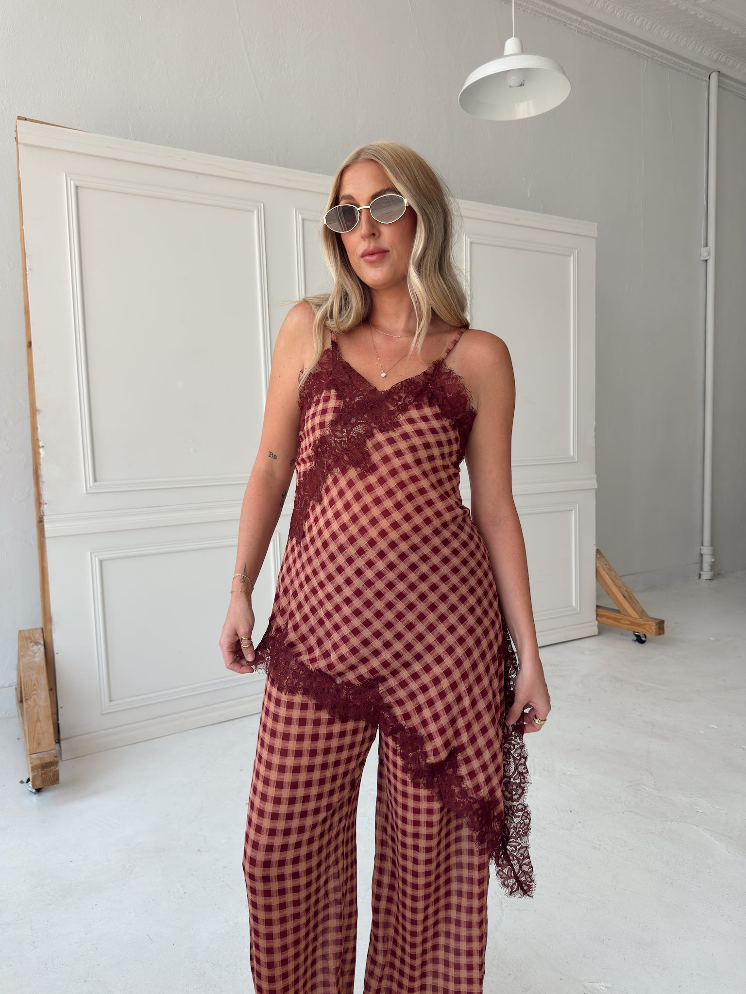 Georgia Gingham Lace Trim Set - Maroon