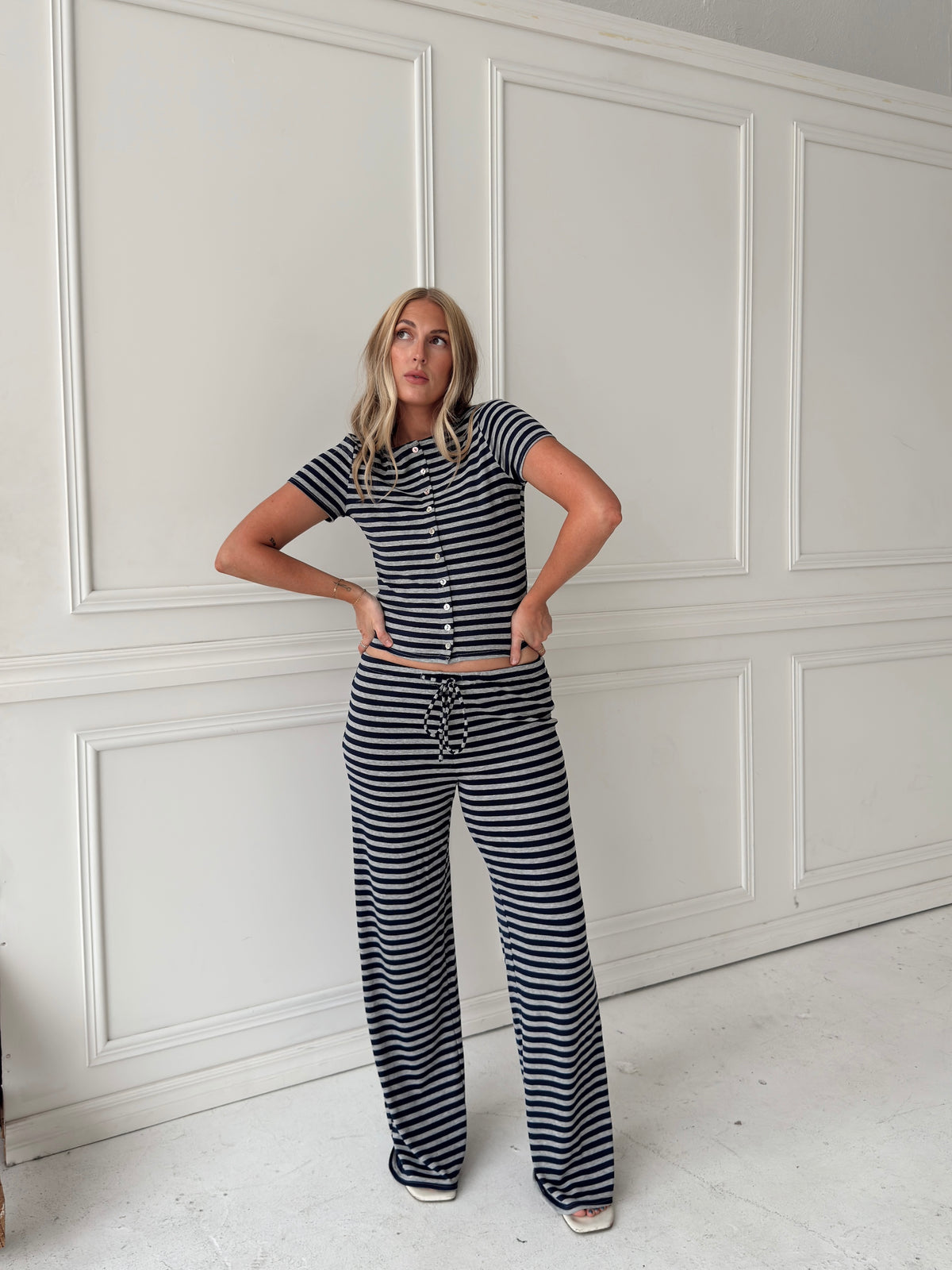 Brady Striped Button Up Top - Navy/Grey
