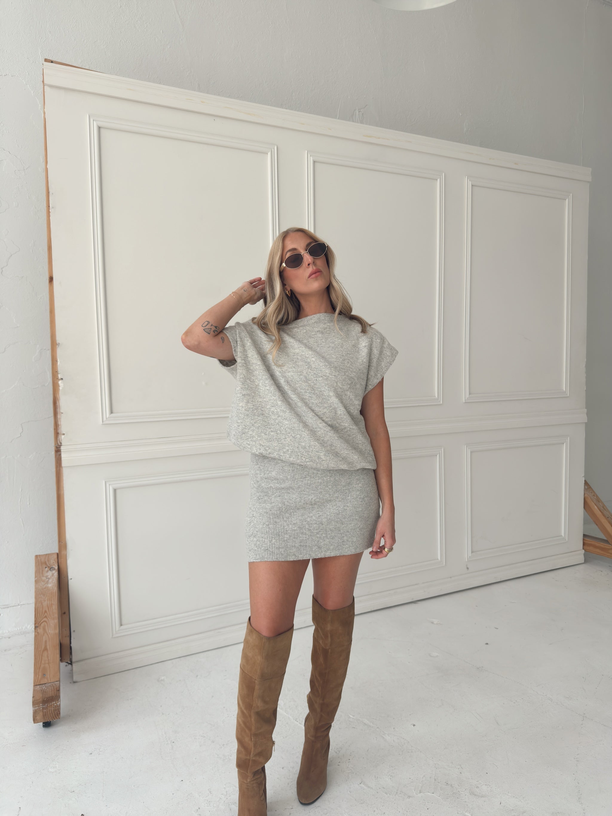 Lauren Off Shoulder Drop Waist Sweater Dress - Heather Grey