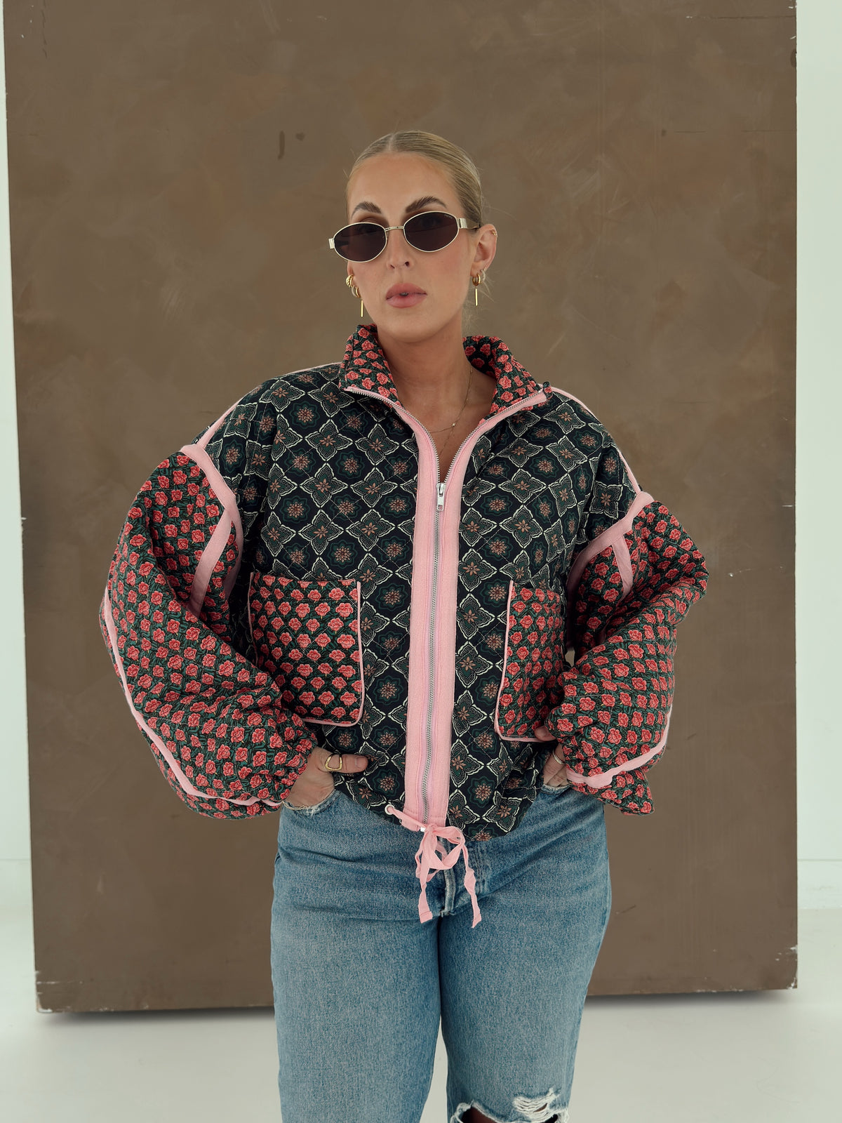 Quinn Quilted Bomber Jacket in Rose Garden