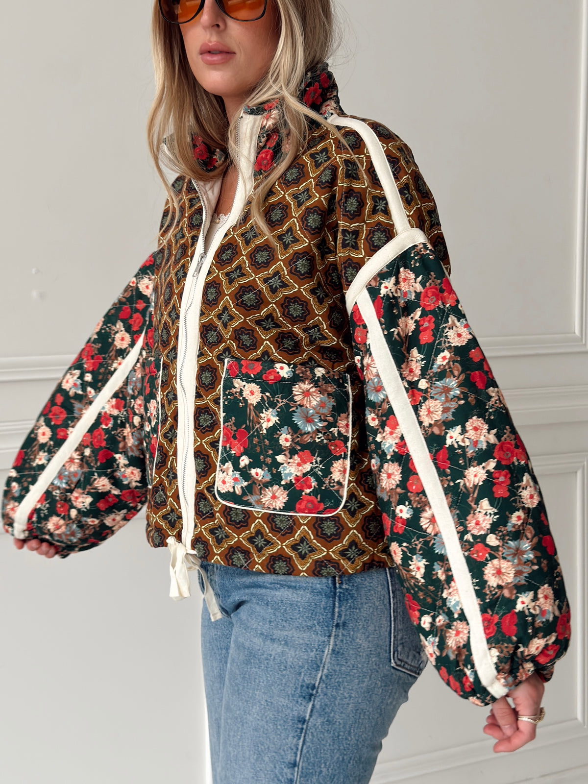 Quinn Quilted Bomber Jacket in Brown