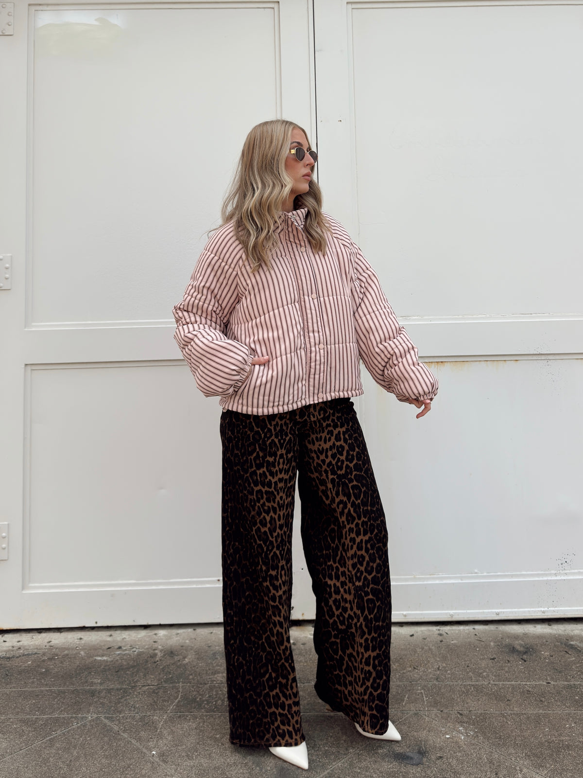 Brown and Blush Striped Puffer Jacket