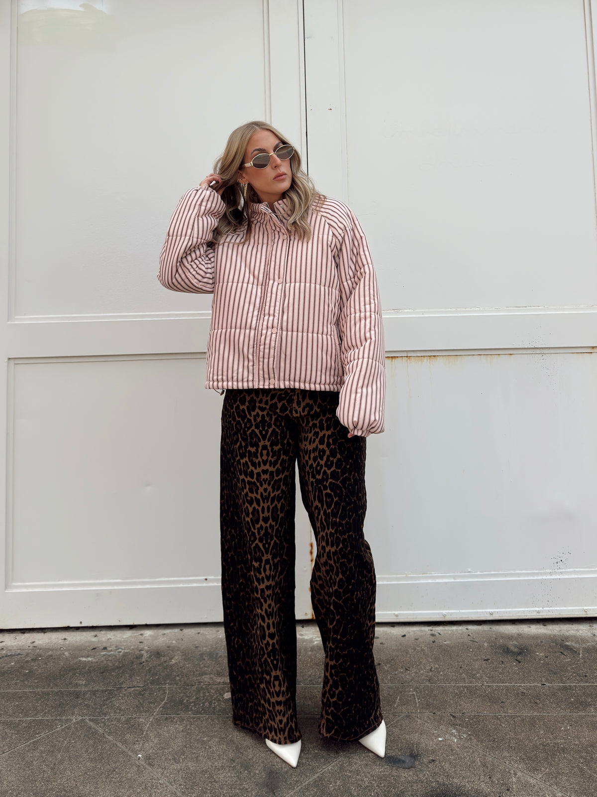 Brown and Blush Striped Puffer Jacket