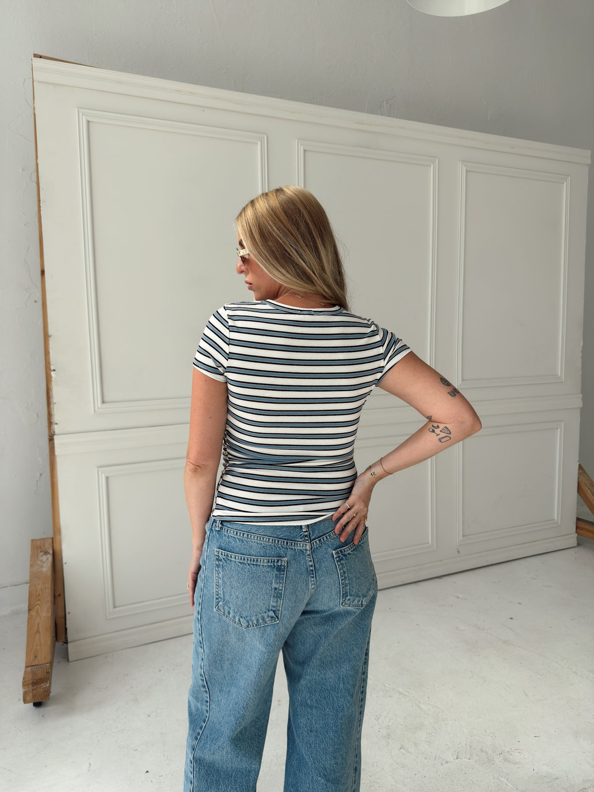 Sophia Stripe Ruched Short Sleeve Top