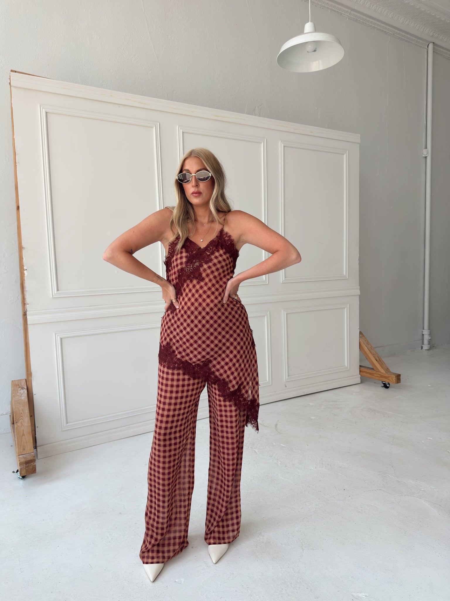Georgia Gingham Lace Trim Set - Maroon