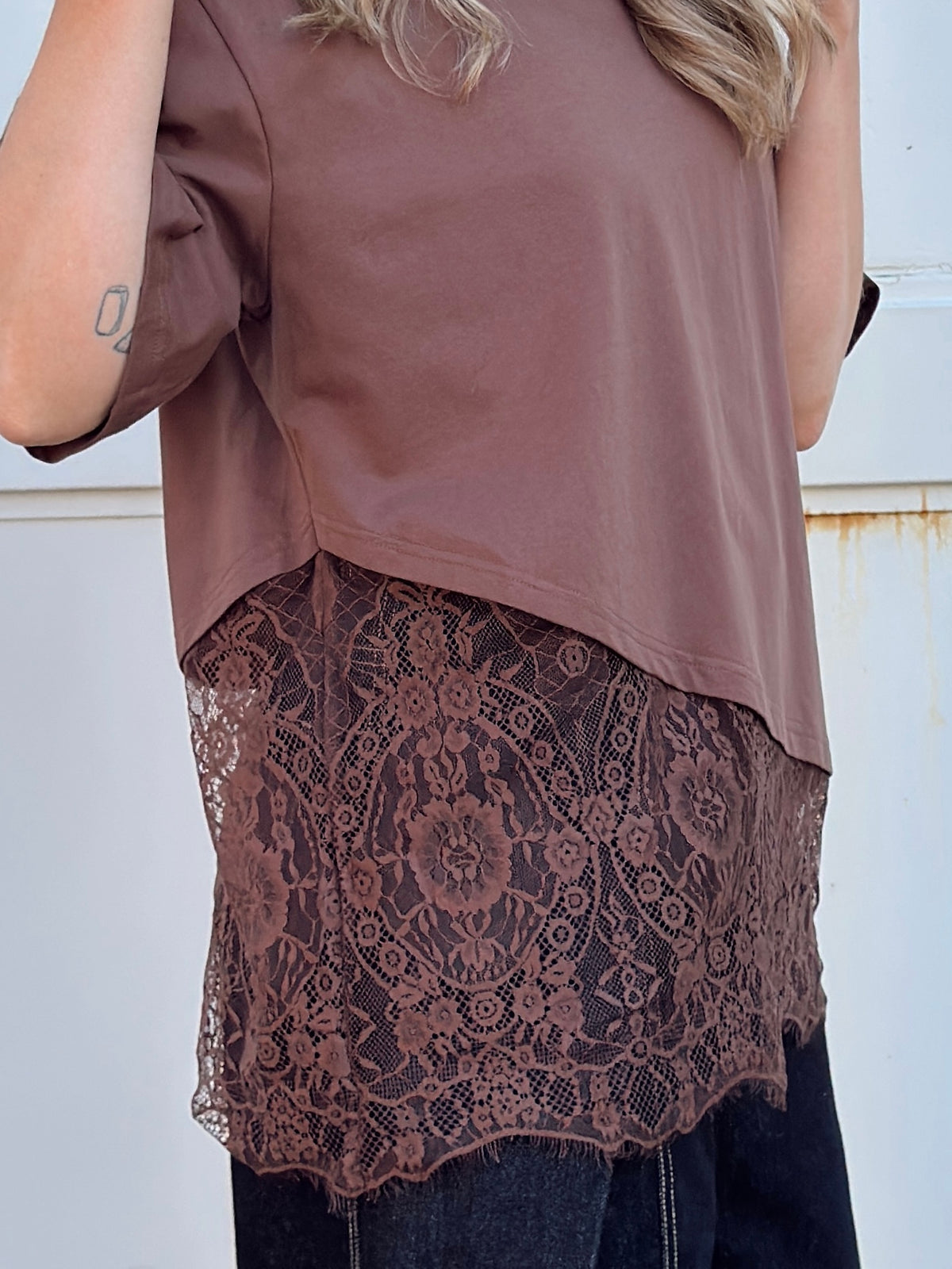 Jacqueline Lace Asymmetrical Tee - Brown