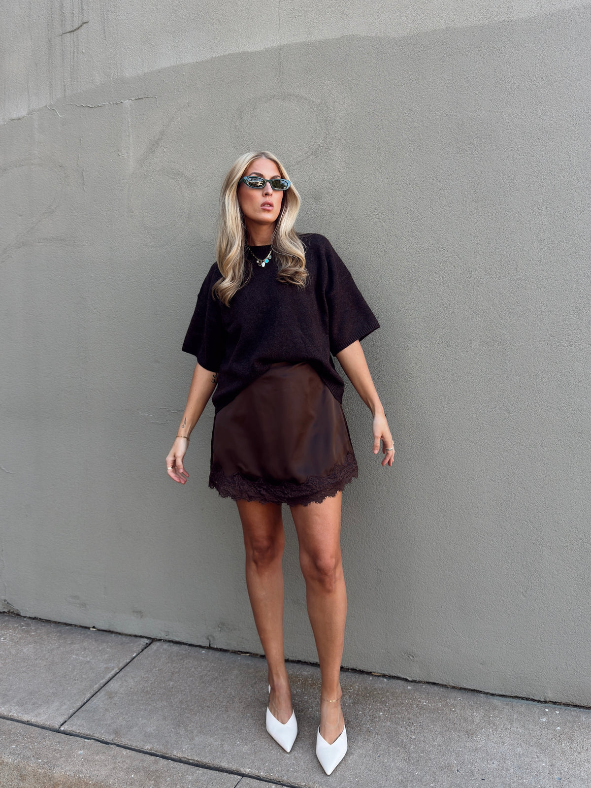 Pre-Order Sabrina Lace Trim Mini Skort - Espresso (restock eta 11/15)
