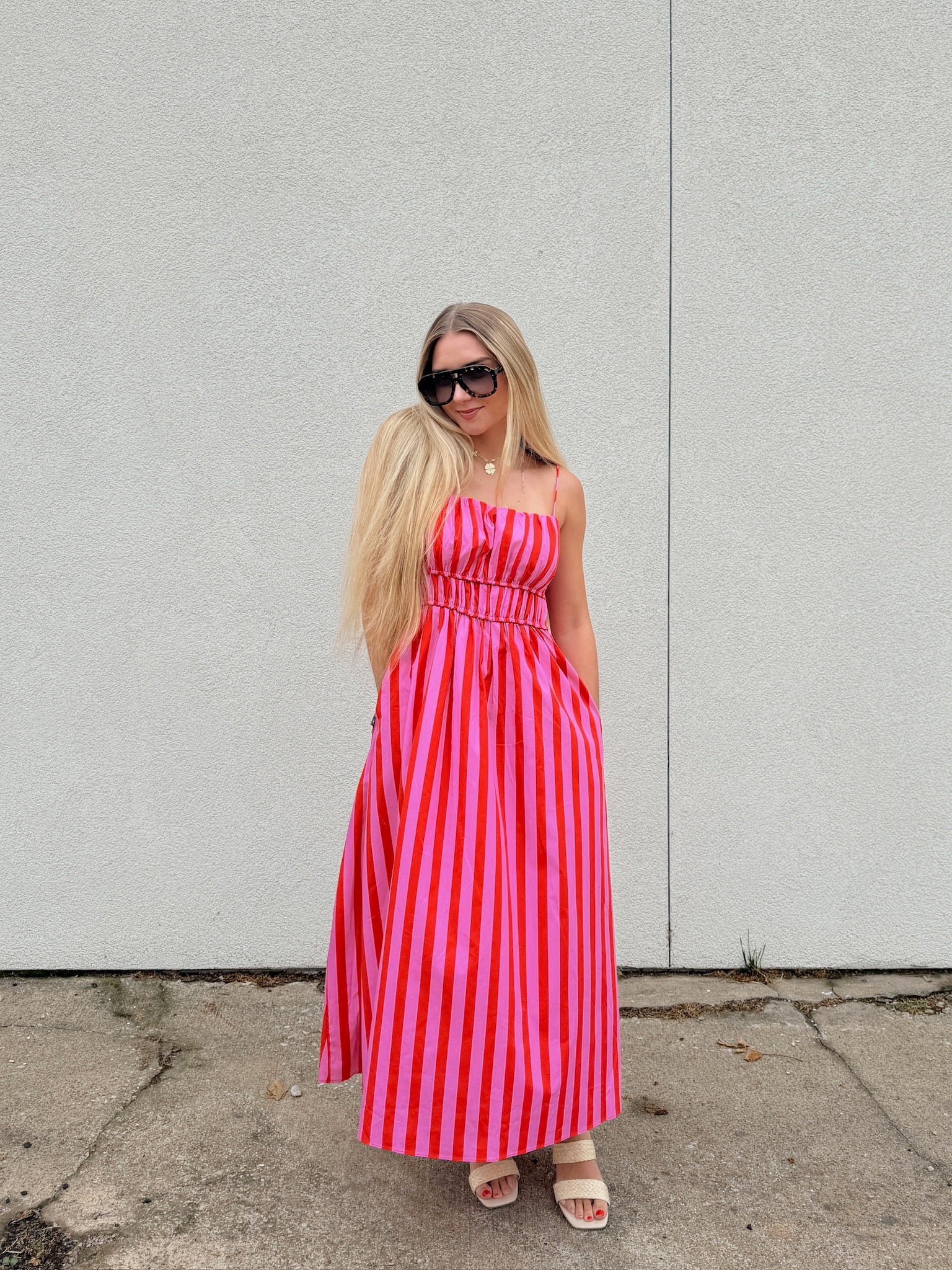 English Factory Striped Smocked Waist Midi Dress - Pink/Red