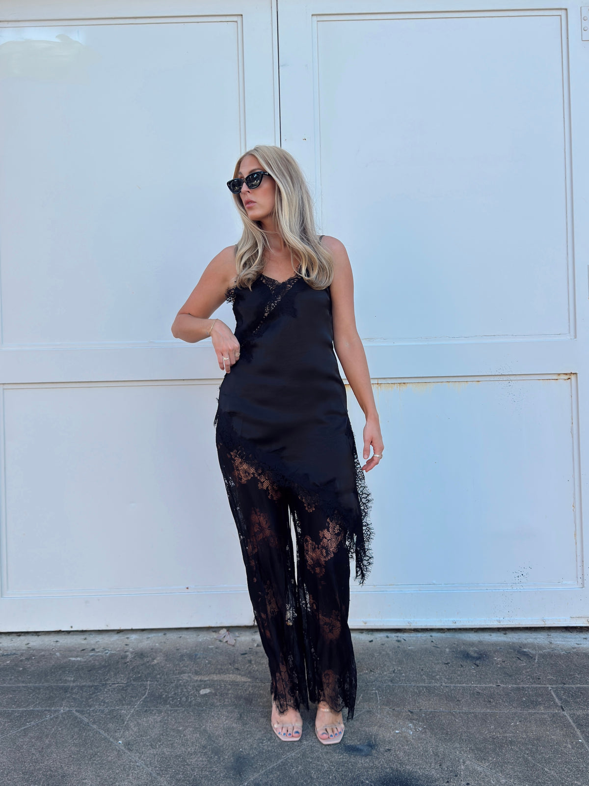 Maia Satin Lace Trim Set - Black