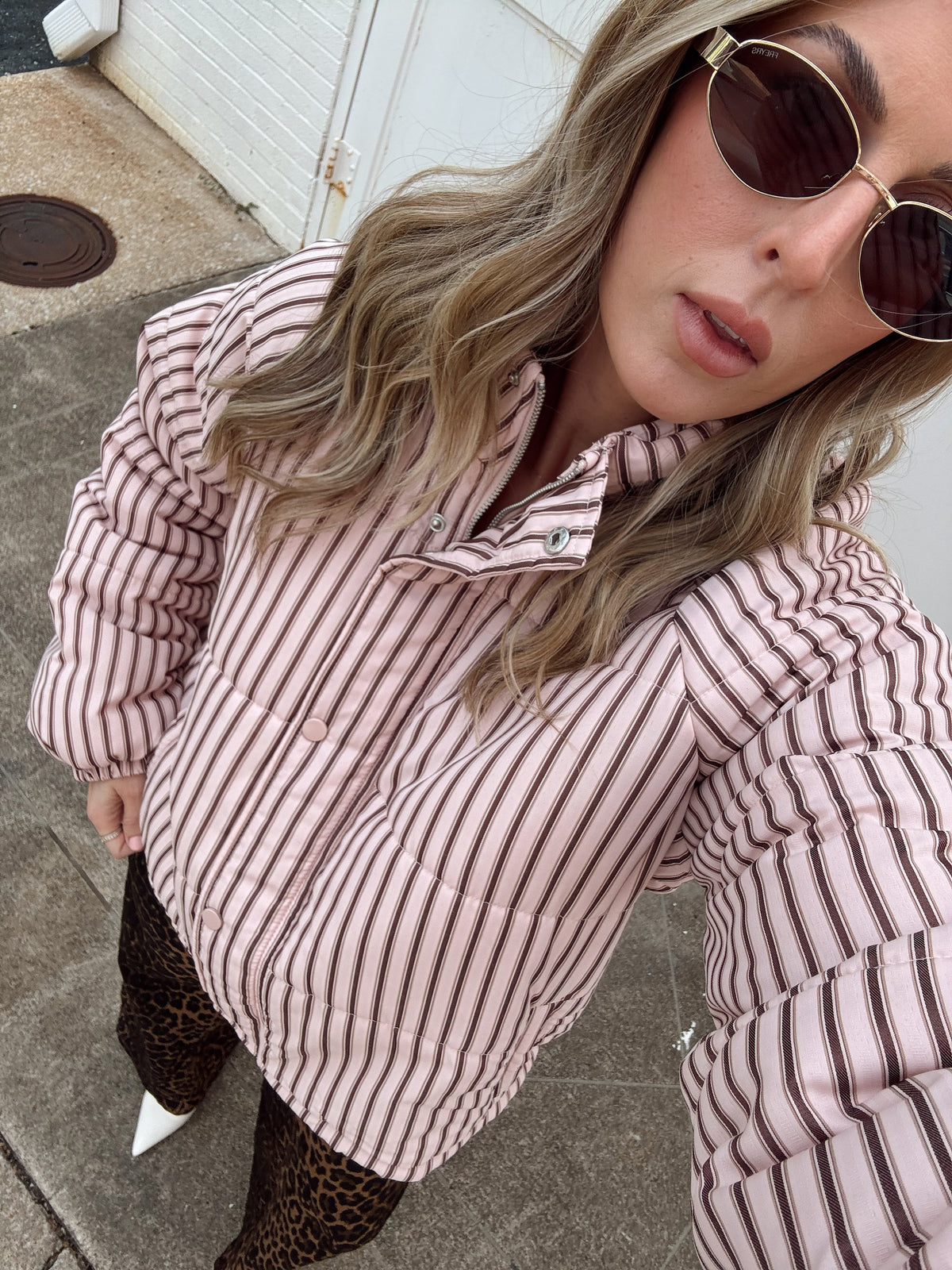 Brown and Blush Striped Puffer Jacket