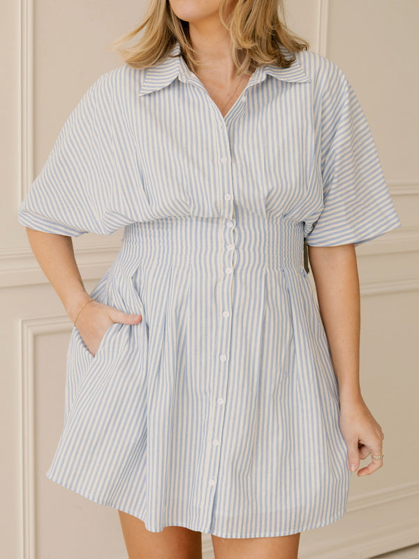 Angie Pleated Mini Shirt Dress - Blue