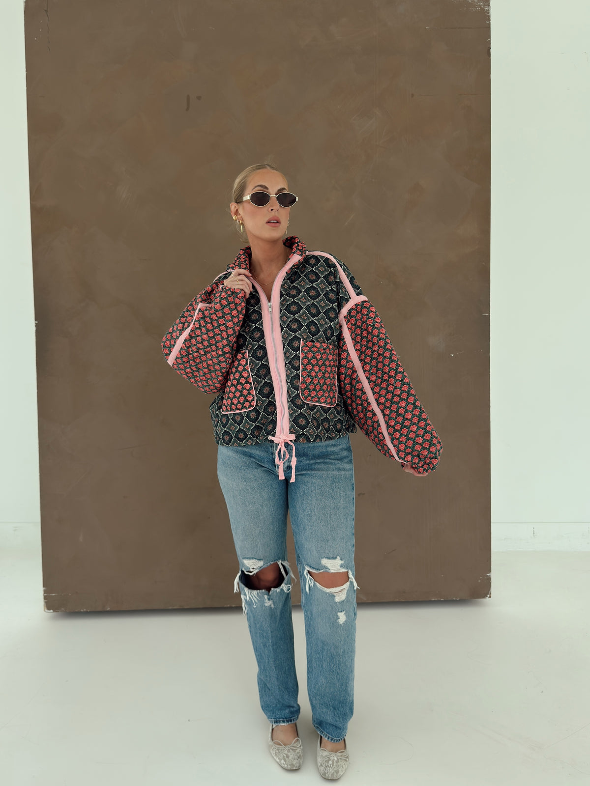 Quinn Quilted Bomber Jacket in Rose Garden