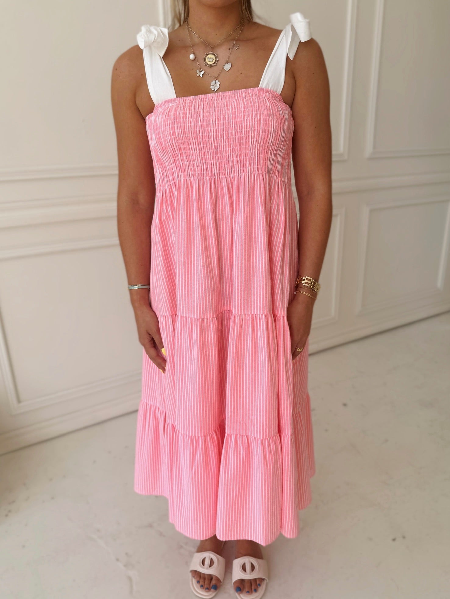 Meet Me in Santorini Coral Stripe Midi Dress