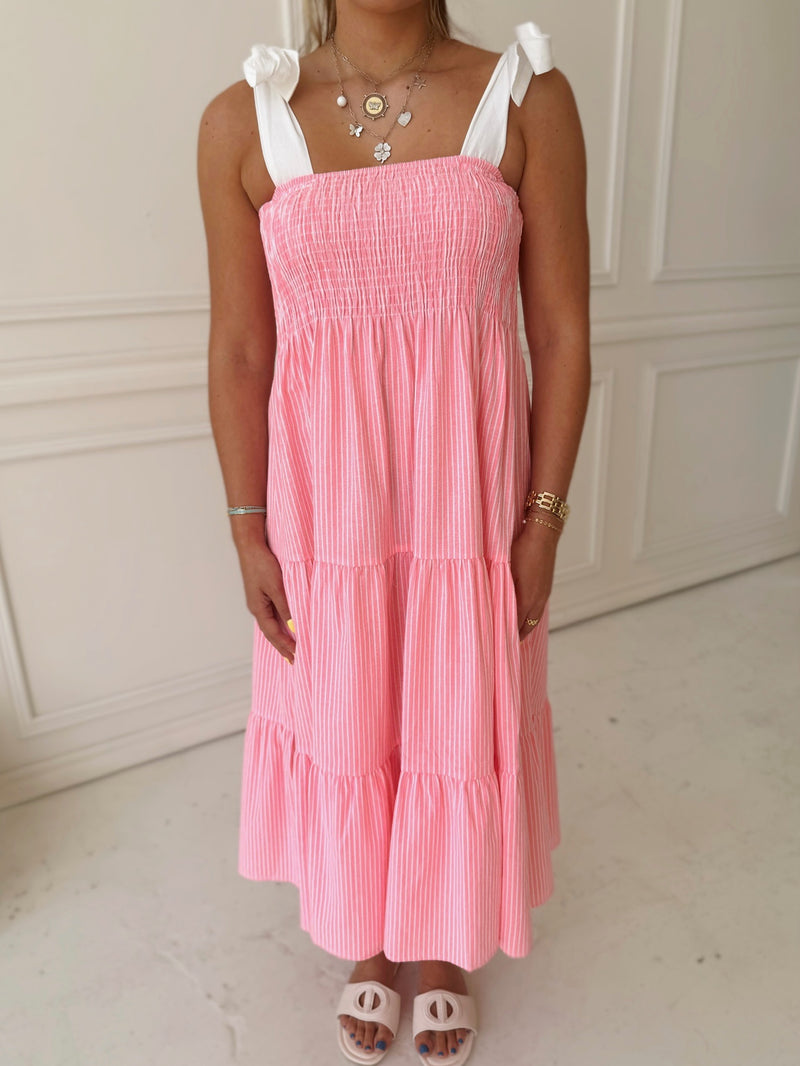 Meet Me in Santorini Coral Stripe Midi Dress