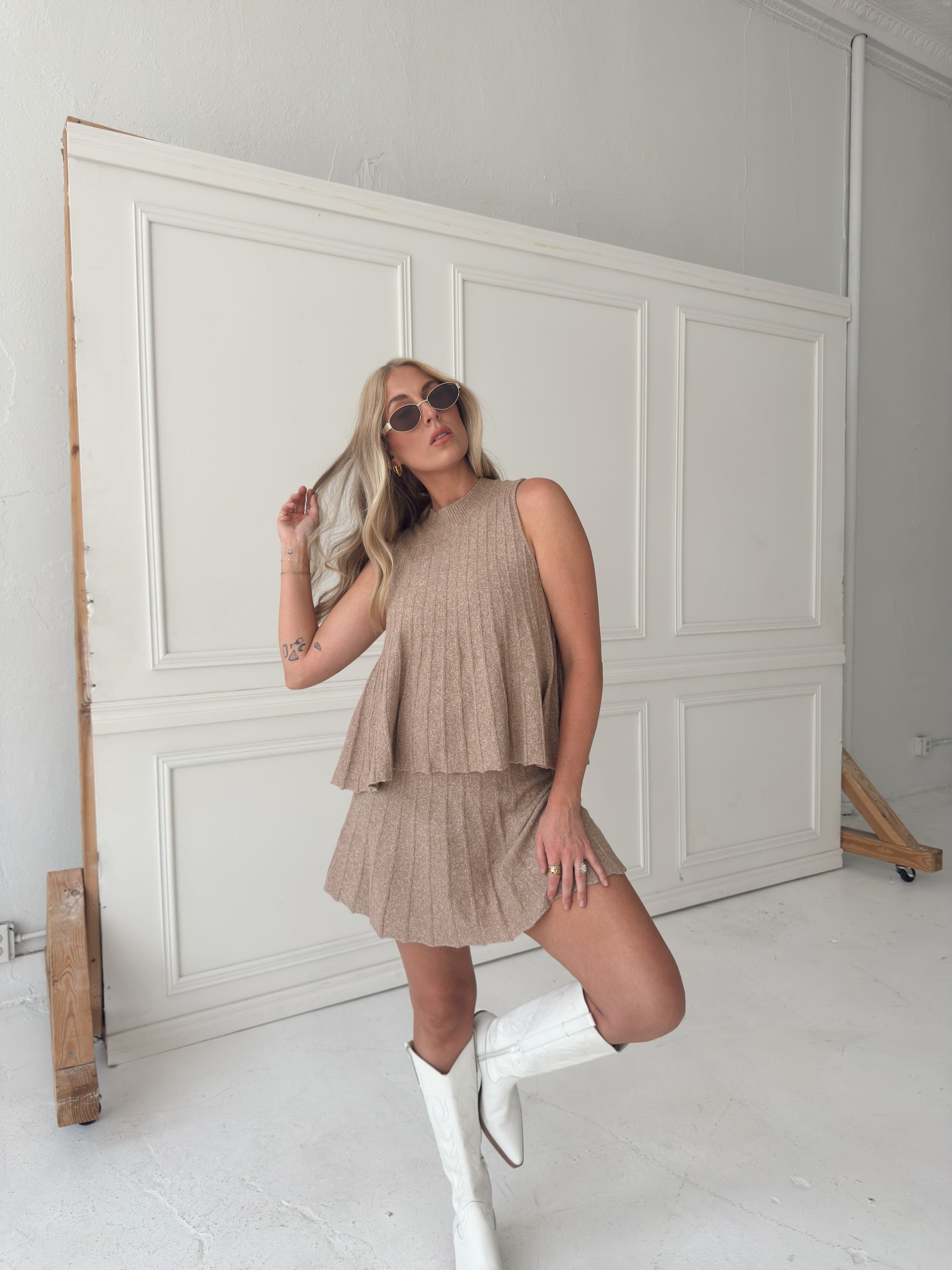 Rylan Ribbed Sweater A-line Mini Skirt With Flared Hem - Mocha
