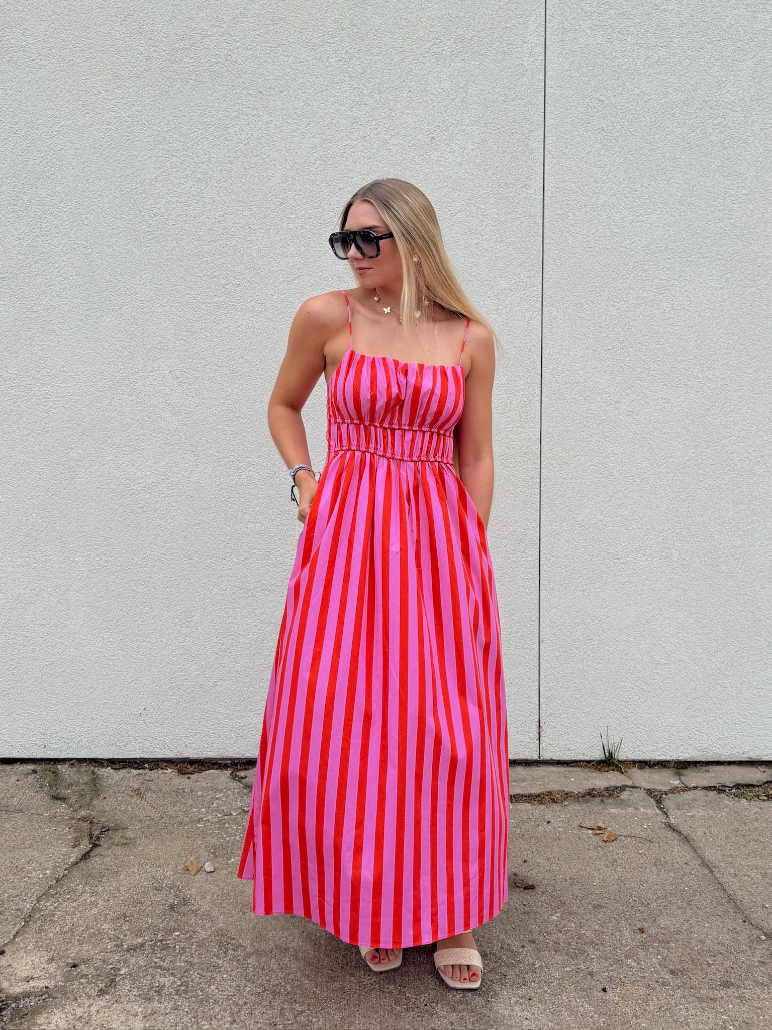 English Factory Striped Smocked Waist Midi Dress - Pink/Red