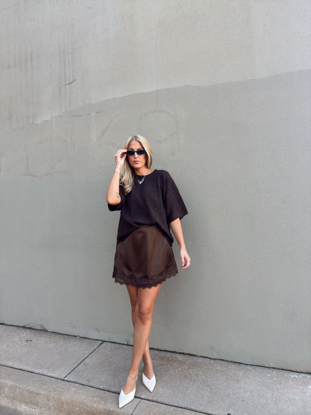Pre-Order Sabrina Lace Trim Mini Skort - Espresso (restock eta 11/15)