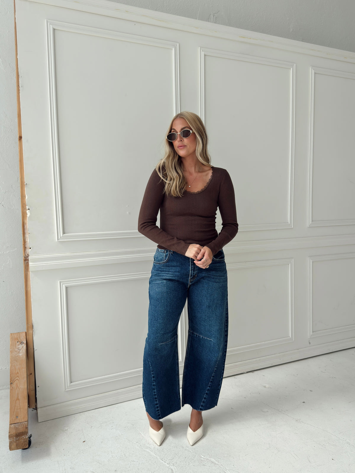Presley Pointelle Rib Knit Sweater - Brown